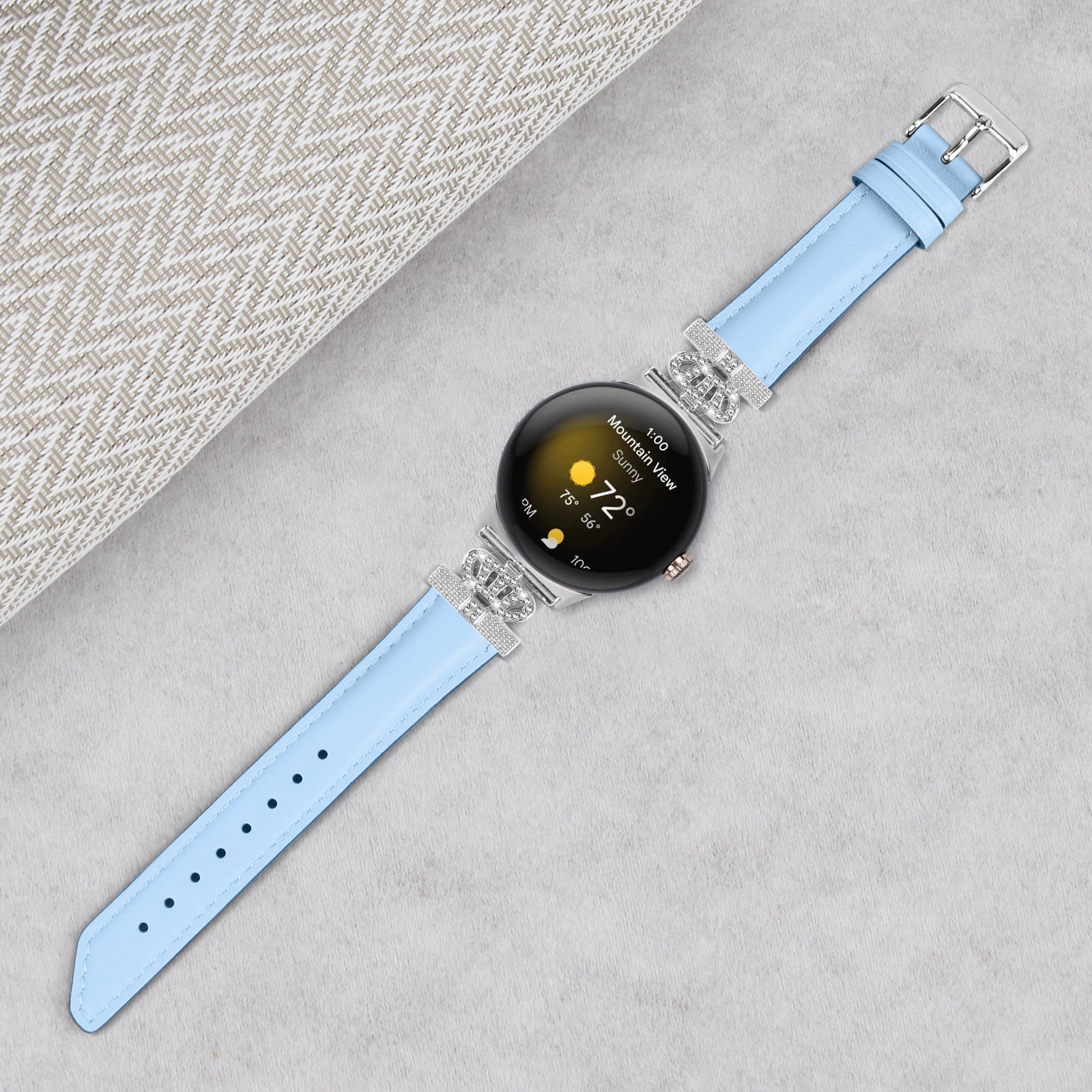 Silver Buckle Band for Google Pixel Watch Pixel Watch 2 Crown Rhinestone Decor Genuine Cowhide Leather Wrist Strap