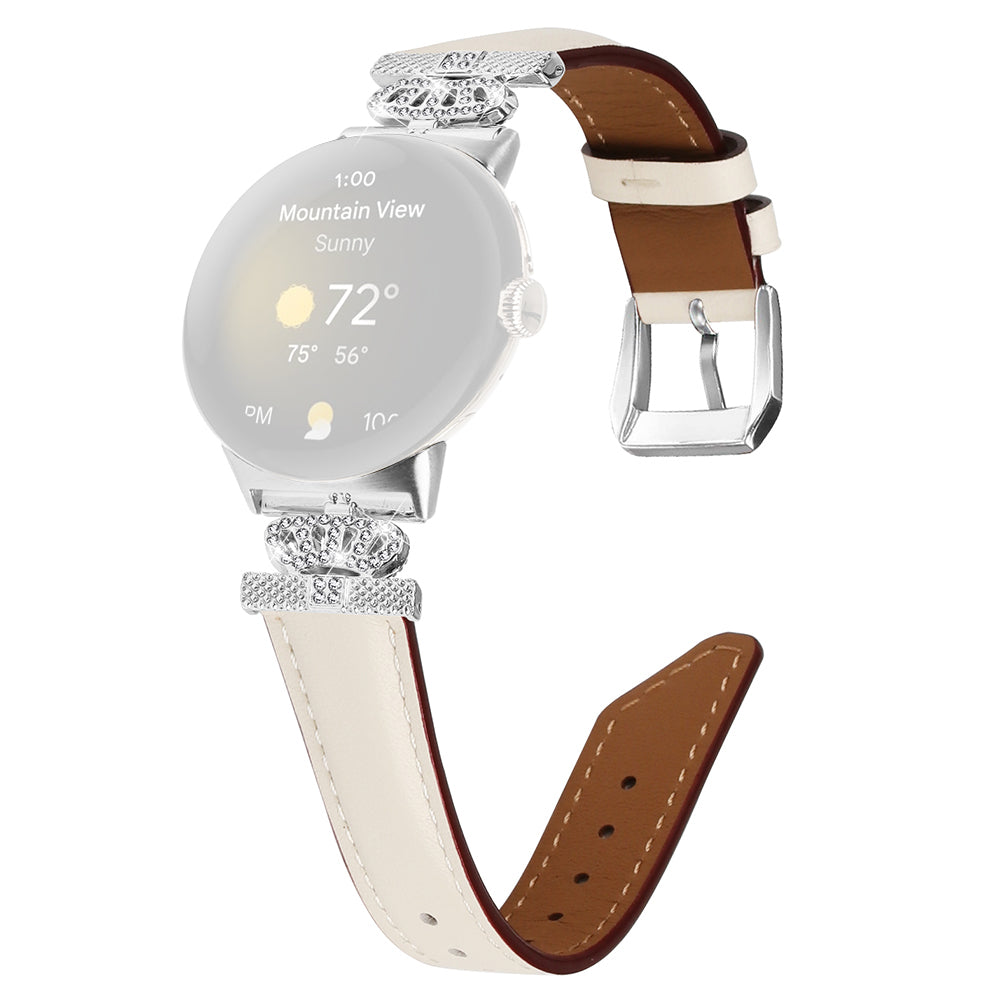 Silver Buckle Band for Google Pixel Watch Pixel Watch 2 Crown Rhinestone Decor Genuine Cowhide Leather Wrist Strap