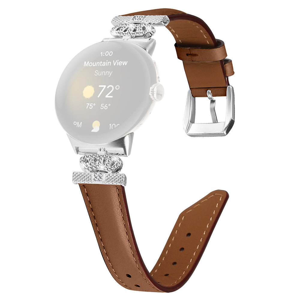 Silver Buckle Band for Google Pixel Watch Pixel Watch 2 Crown Rhinestone Decor Genuine Cowhide Leather Wrist Strap