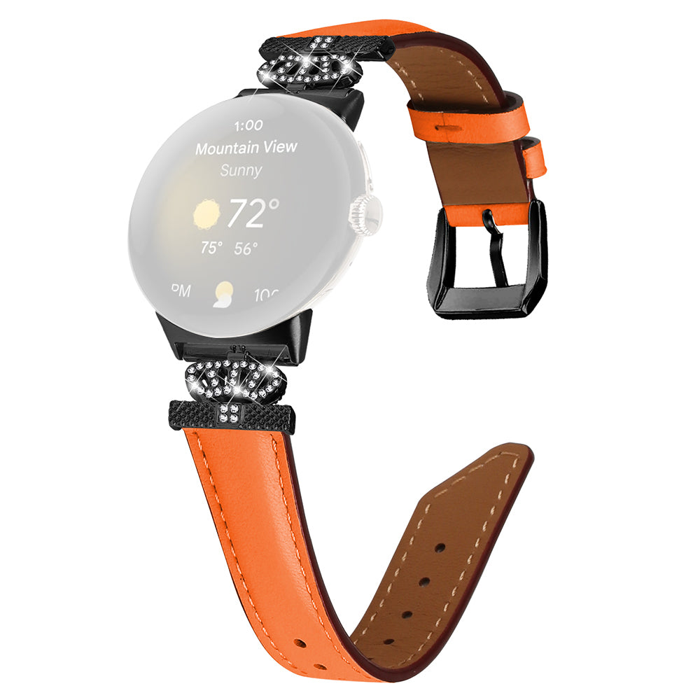 Black Buckle Watch Strap for Google Pixel Watch Pixel Watch 2 Genuine Cowhide Leather Band with Crown Rhinestone