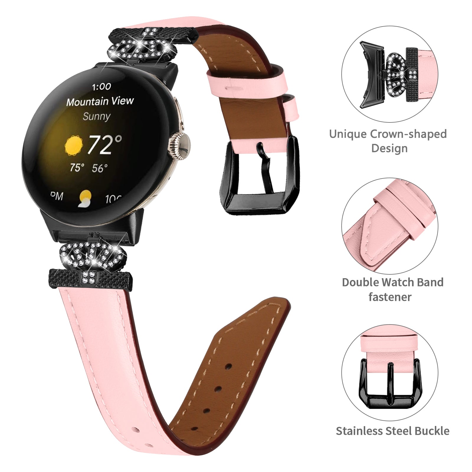 Black Buckle Watch Strap for Google Pixel Watch Pixel Watch 2 Genuine Cowhide Leather Band with Crown Rhinestone