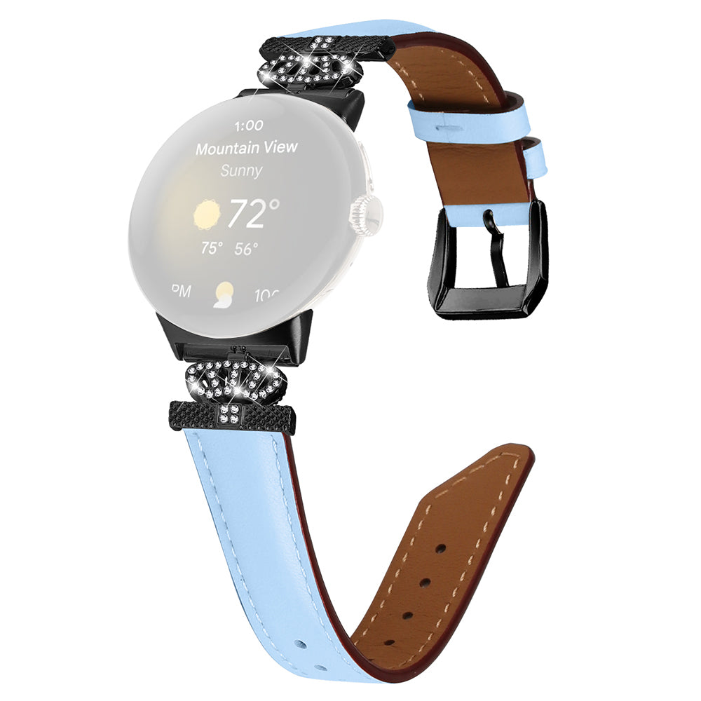Black Buckle Watch Strap for Google Pixel Watch Pixel Watch 2 Genuine Cowhide Leather Band with Crown Rhinestone