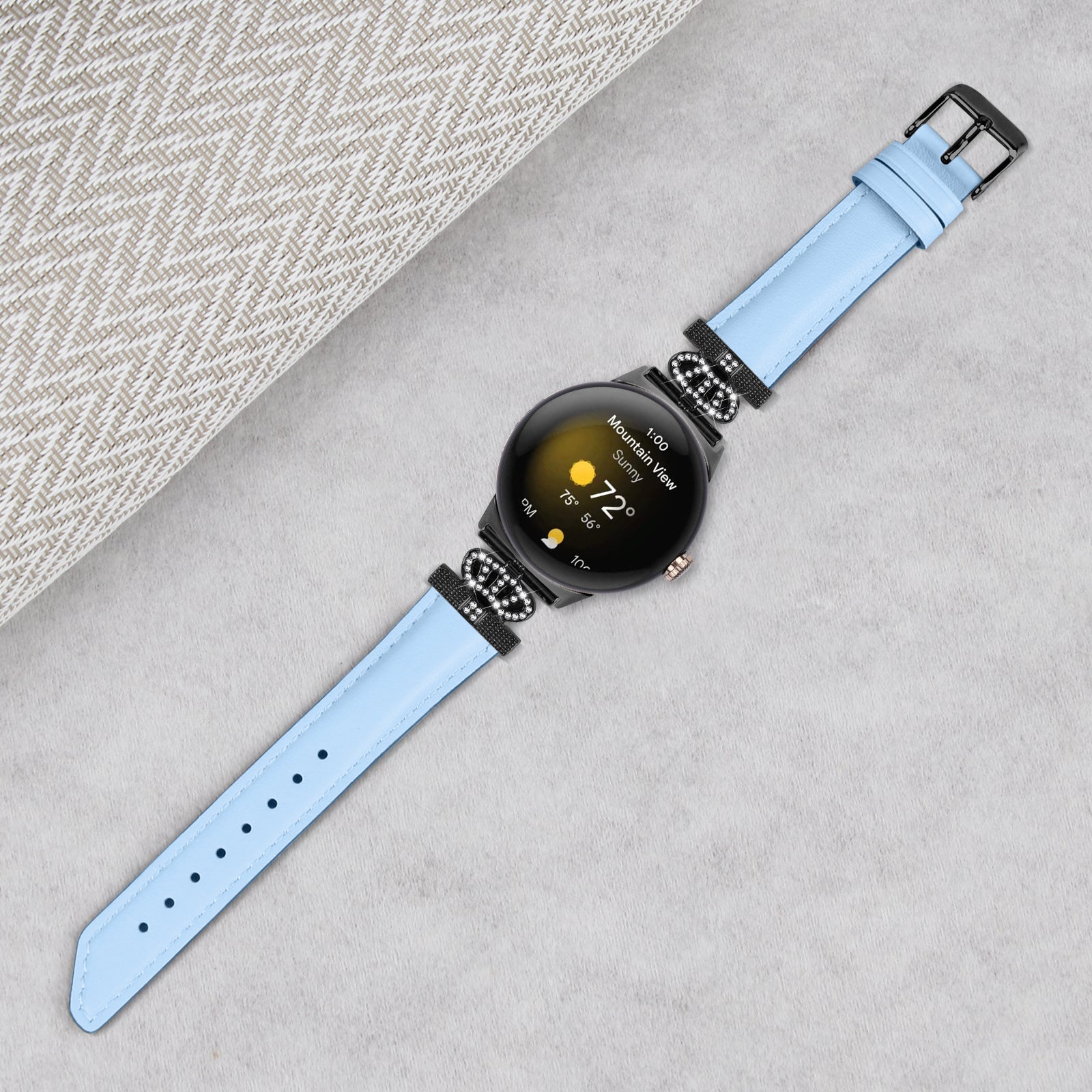 Black Buckle Watch Strap for Google Pixel Watch Pixel Watch 2 Genuine Cowhide Leather Band with Crown Rhinestone