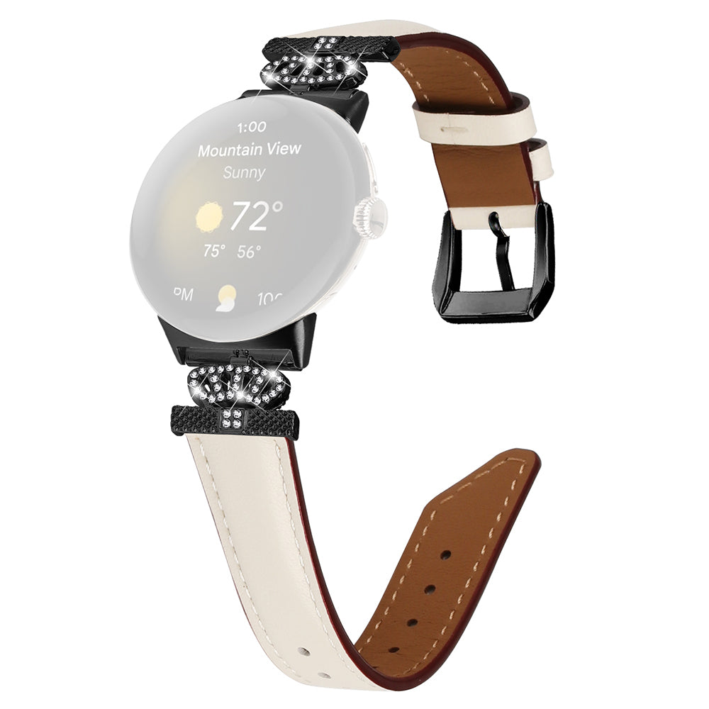 Black Buckle Watch Strap for Google Pixel Watch Pixel Watch 2 Genuine Cowhide Leather Band with Crown Rhinestone