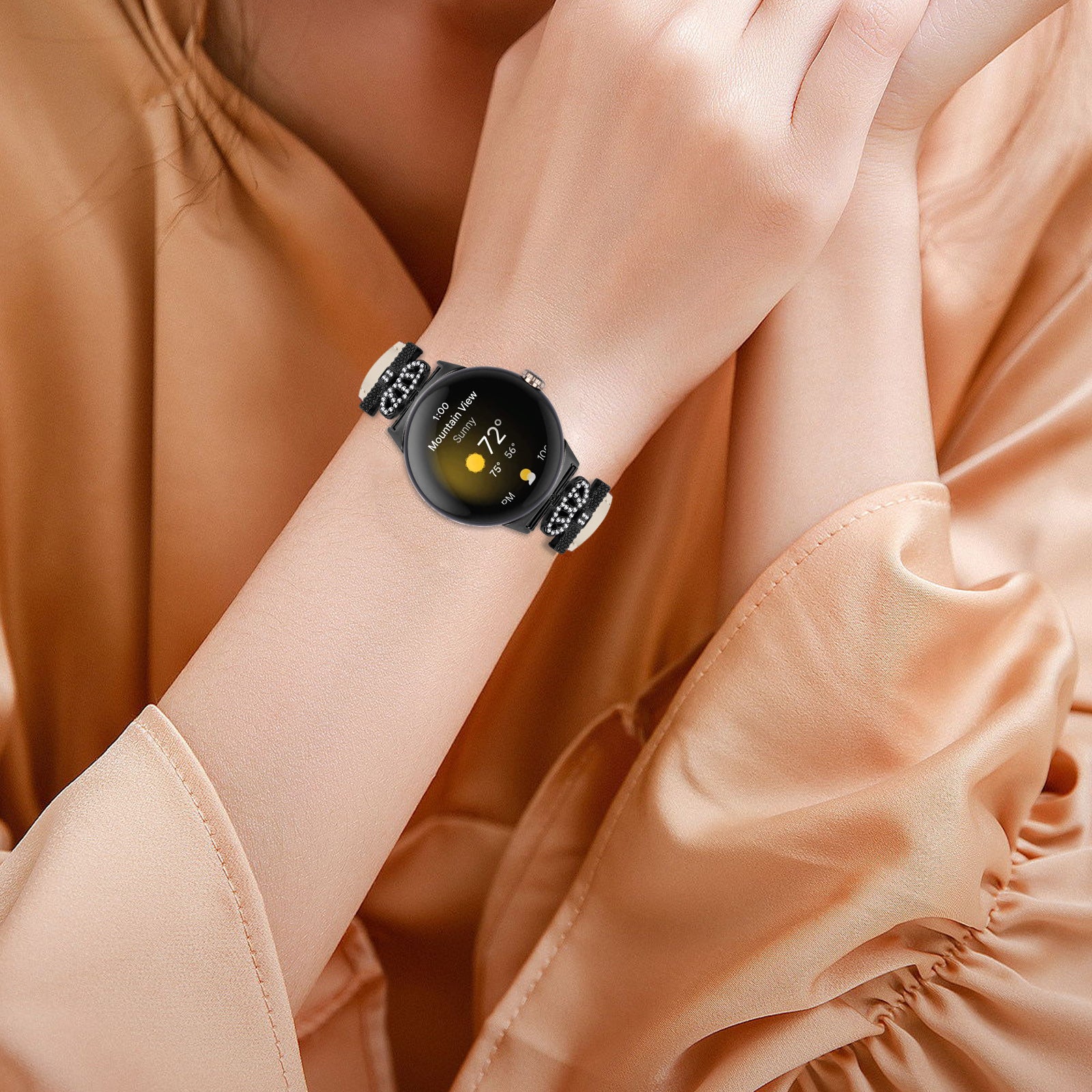 Black Buckle Watch Strap for Google Pixel Watch Pixel Watch 2 Genuine Cowhide Leather Band with Crown Rhinestone