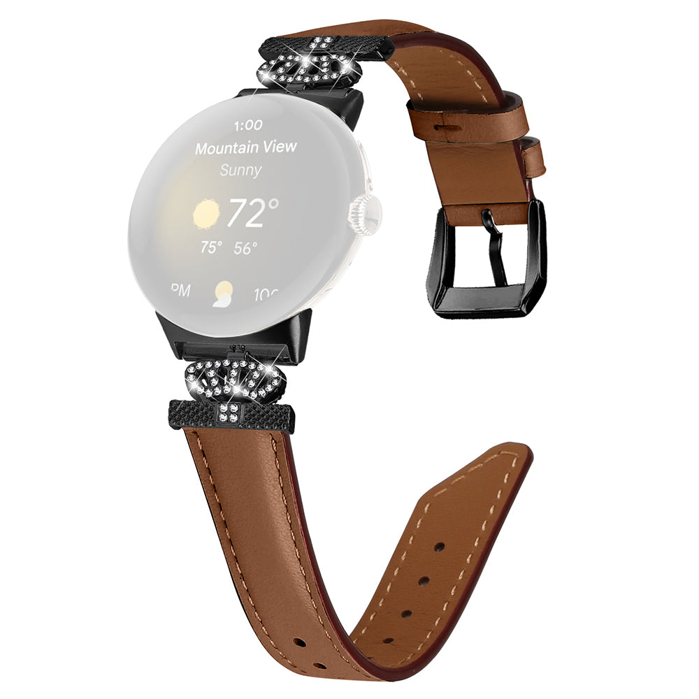 Black Buckle Watch Strap for Google Pixel Watch Pixel Watch 2 Genuine Cowhide Leather Band with Crown Rhinestone