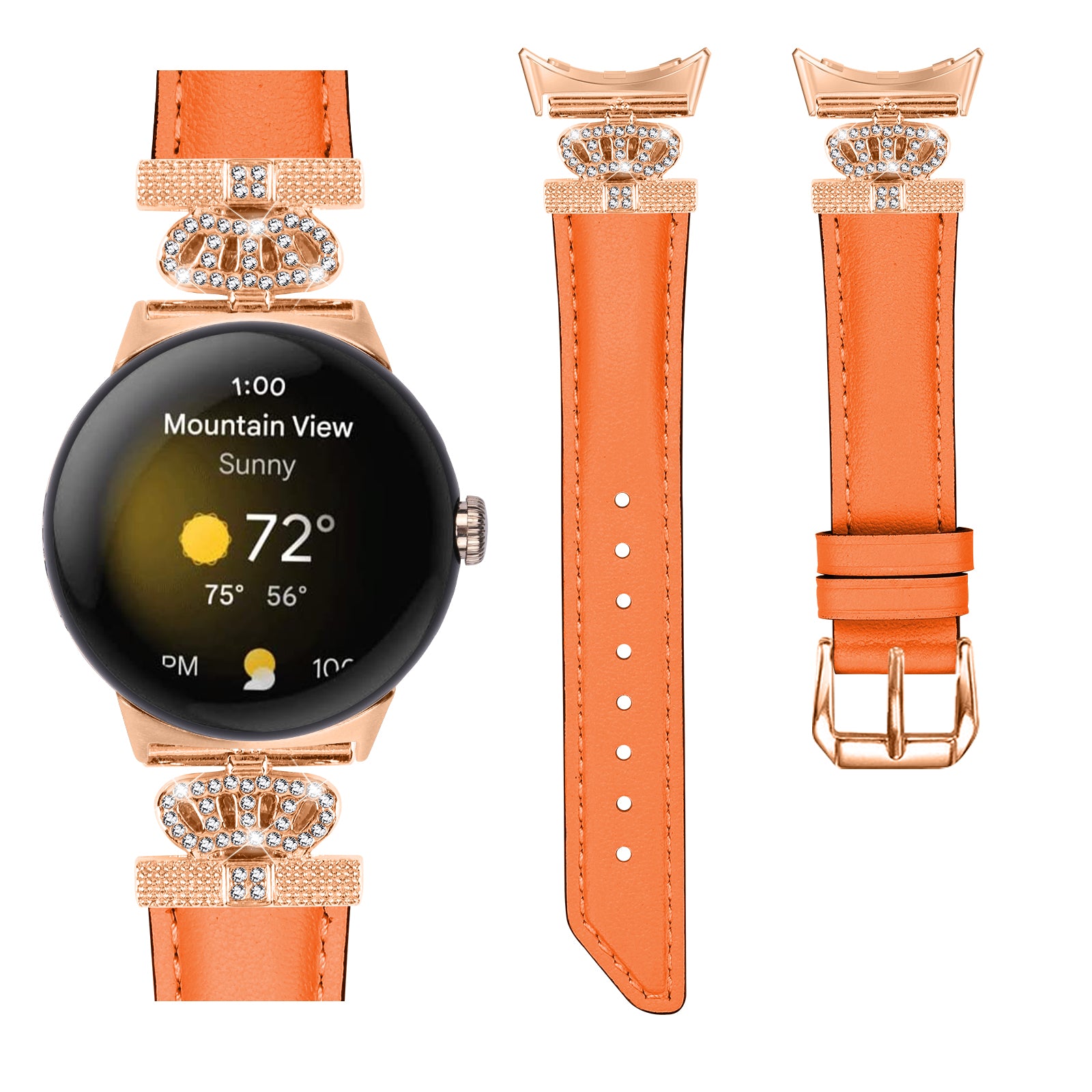 Rose Gold Buckle Watch Band for Google Pixel Watch Pixel Watch 2 Crown Rhinestone Genuine Cowhide Leather Strap