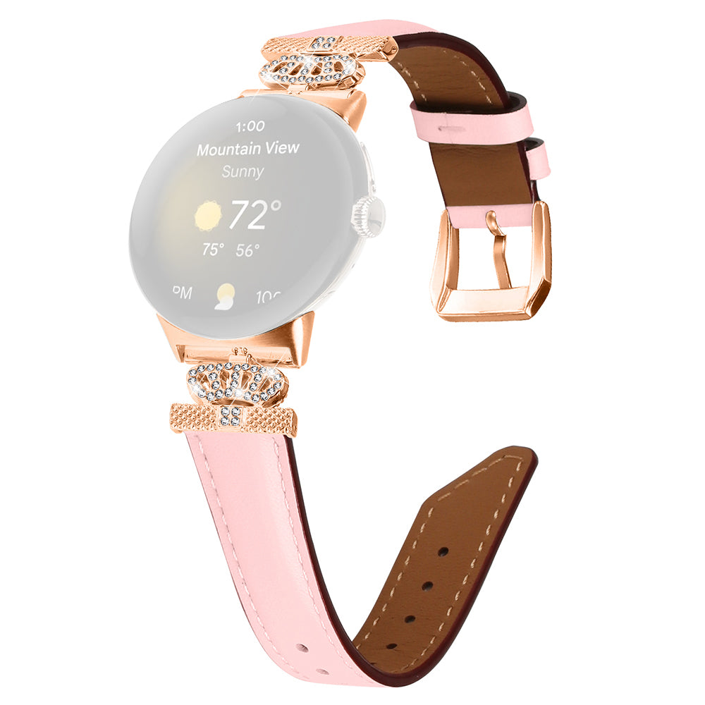 Rose Gold Buckle Watch Band for Google Pixel Watch Pixel Watch 2 Crown Rhinestone Genuine Cowhide Leather Strap