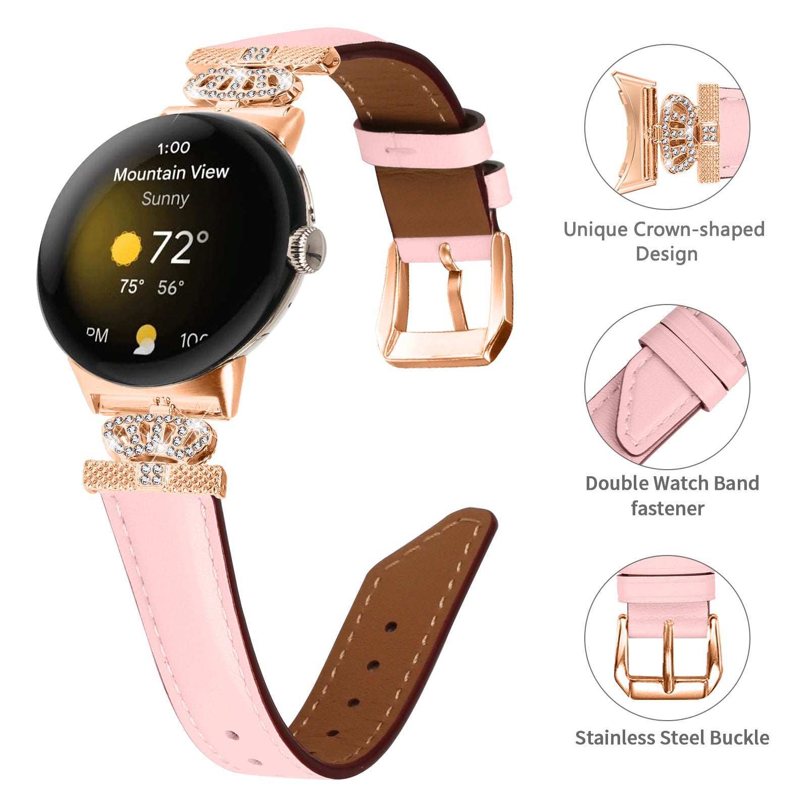 Rose Gold Buckle Watch Band for Google Pixel Watch Pixel Watch 2 Crown Rhinestone Genuine Cowhide Leather Strap