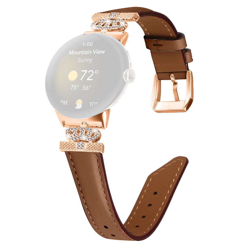 Rose Gold Buckle Watch Band for Google Pixel Watch Pixel Watch 2 Crown Rhinestone Genuine Cowhide Leather Strap