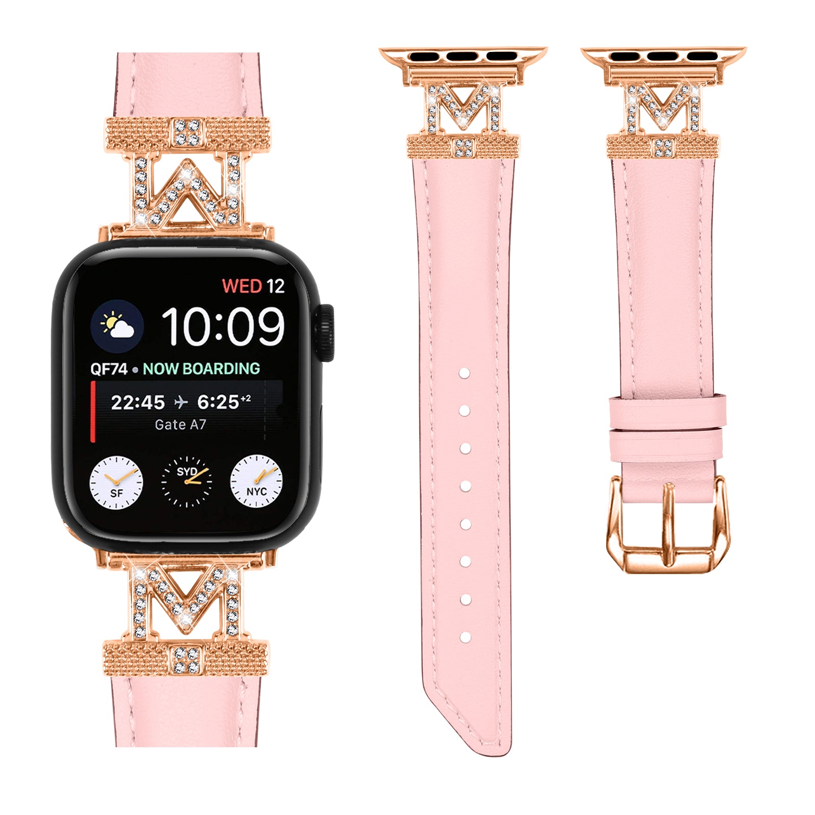Watch Band for Apple Watch Ultra Ultra 2 49mm Series 9 8 7 45mm SE (2023) SE (2022) 6 5 4 SE 44mm 3 2 1 42mm Rhinestone M-shape Connector Strap with Rose Gold Buckle