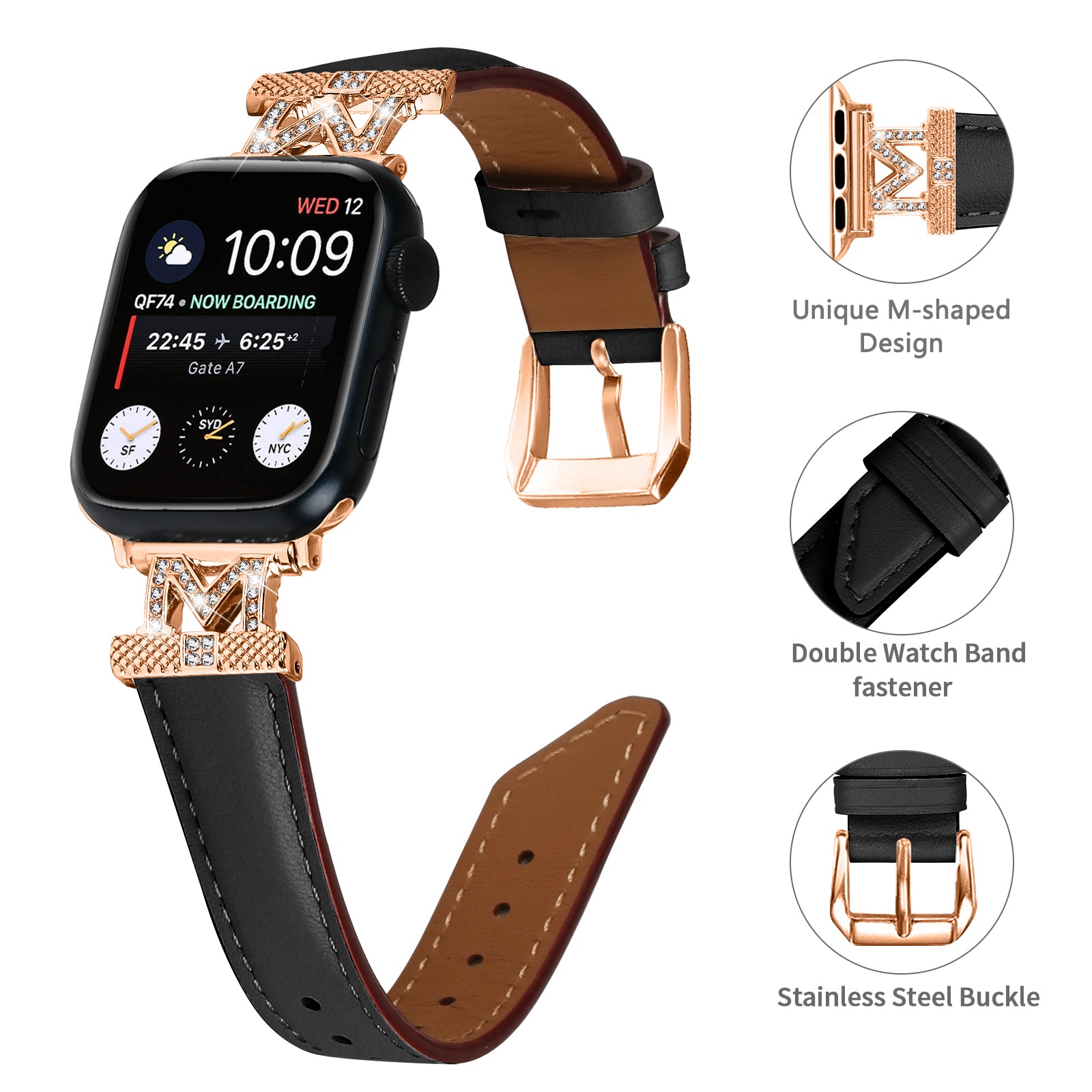 Watch Band for Apple Watch Ultra Ultra 2 49mm Series 9 8 7 45mm SE (2023) SE (2022) 6 5 4 SE 44mm 3 2 1 42mm Rhinestone M-shape Connector Strap with Rose Gold Buckle