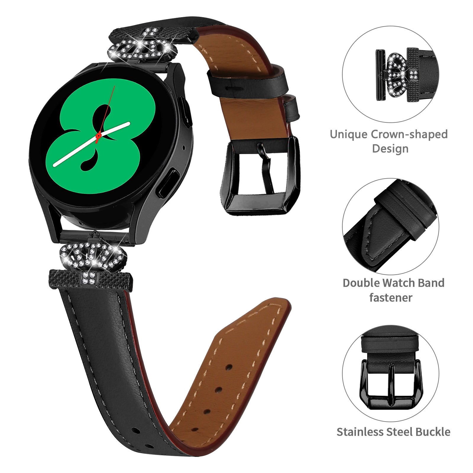 Crown Rhinestone Band for Samsung Galaxy Watch3 41mm 45mm Watch 5 40mm 44mm Slim 20mm Watch Strap with Black Buckle