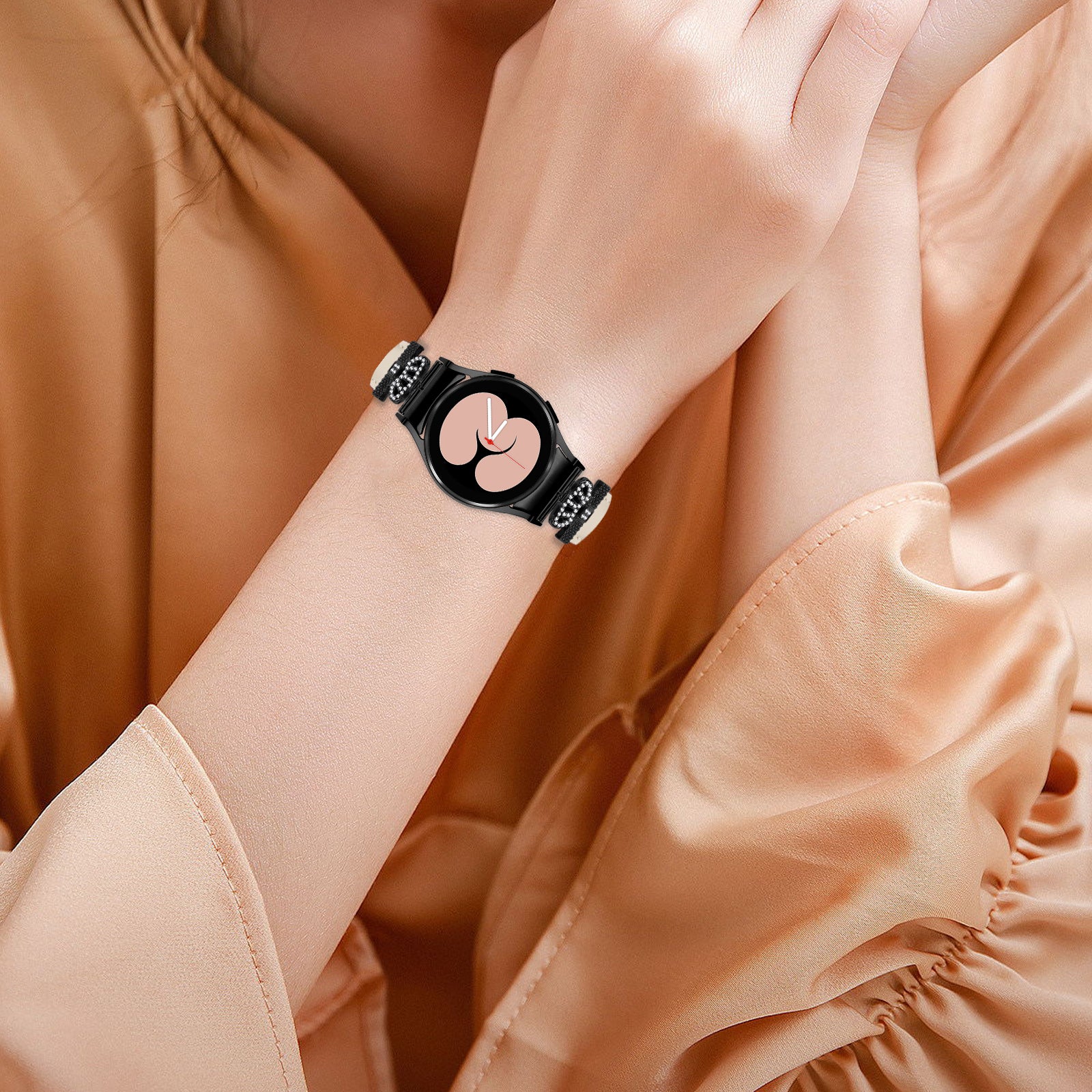 Black Buckle Watch Band for Samsung Galaxy Watch 5 Watch4 44mm 40mm Crown-shape Connector Rhinestone Strap