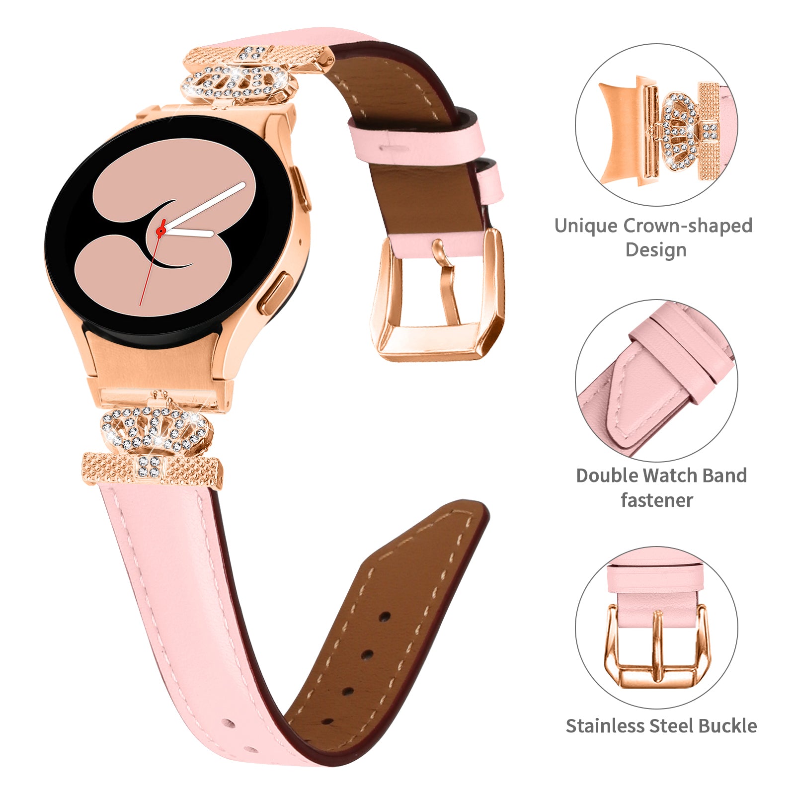 Crown Rhinestone Watch Band for Samsung Galaxy Watch 5 Watch4 44mm 40mm Bracelet Strap with Rose Gold Buckle