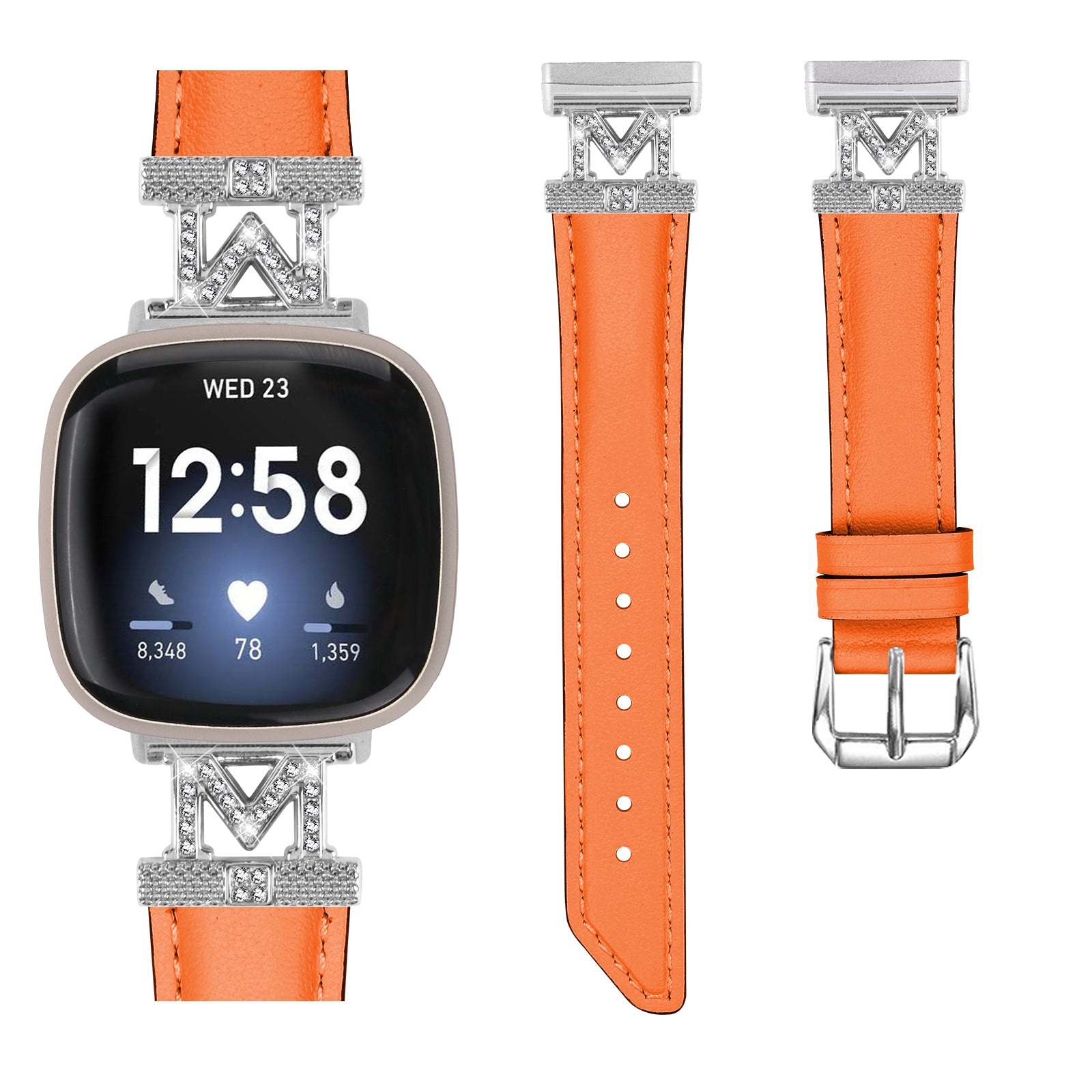 For Fitbit Versa 3 Versa 4 Sense Sense 2 M Shape Rhinestone Decor Genuine Cowhide Leather Watch Strap with Silver Buckle