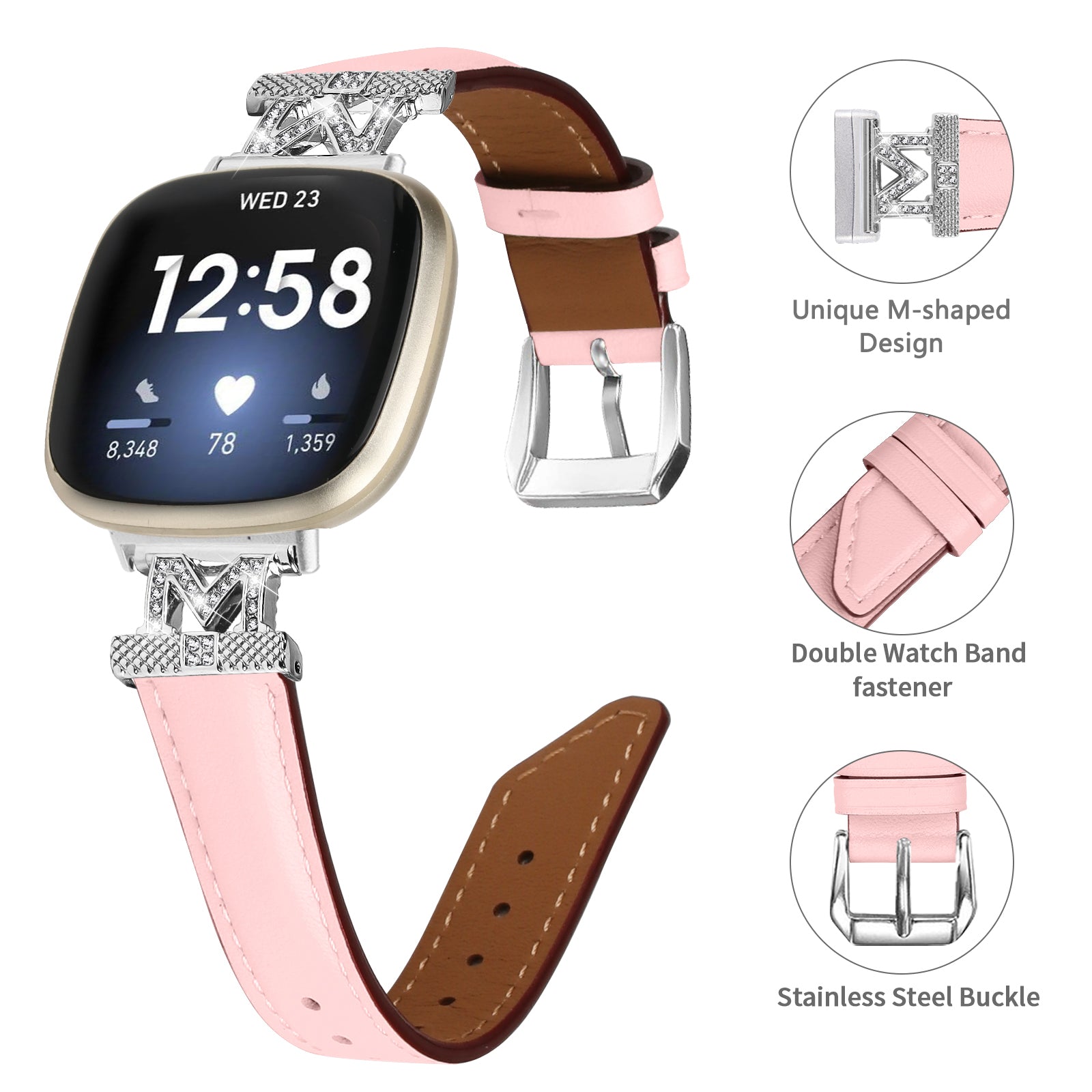 For Fitbit Versa 3 Versa 4 Sense Sense 2 M Shape Rhinestone Decor Genuine Cowhide Leather Watch Strap with Silver Buckle