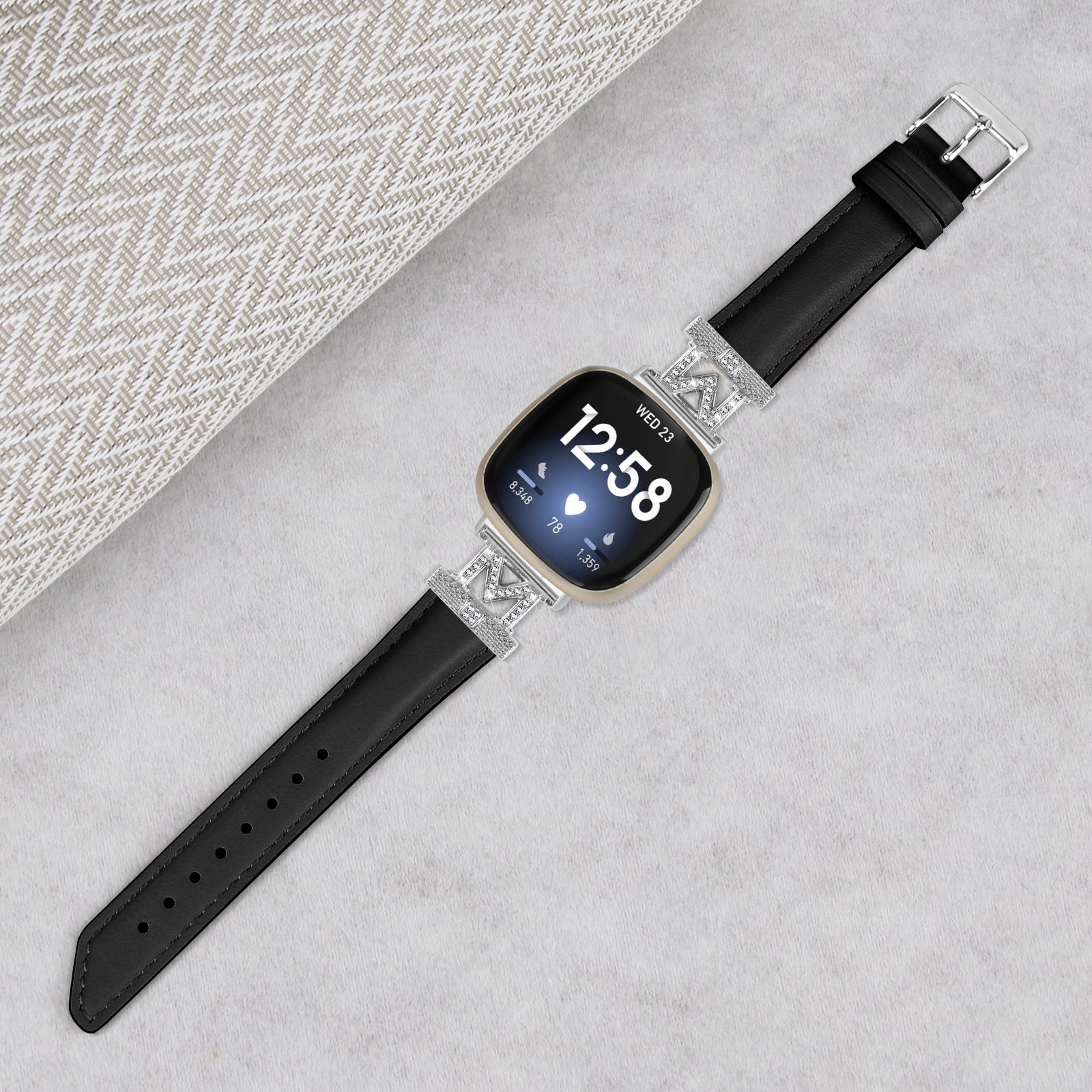 For Fitbit Versa 3 Versa 4 Sense Sense 2 M Shape Rhinestone Decor Genuine Cowhide Leather Watch Strap with Silver Buckle