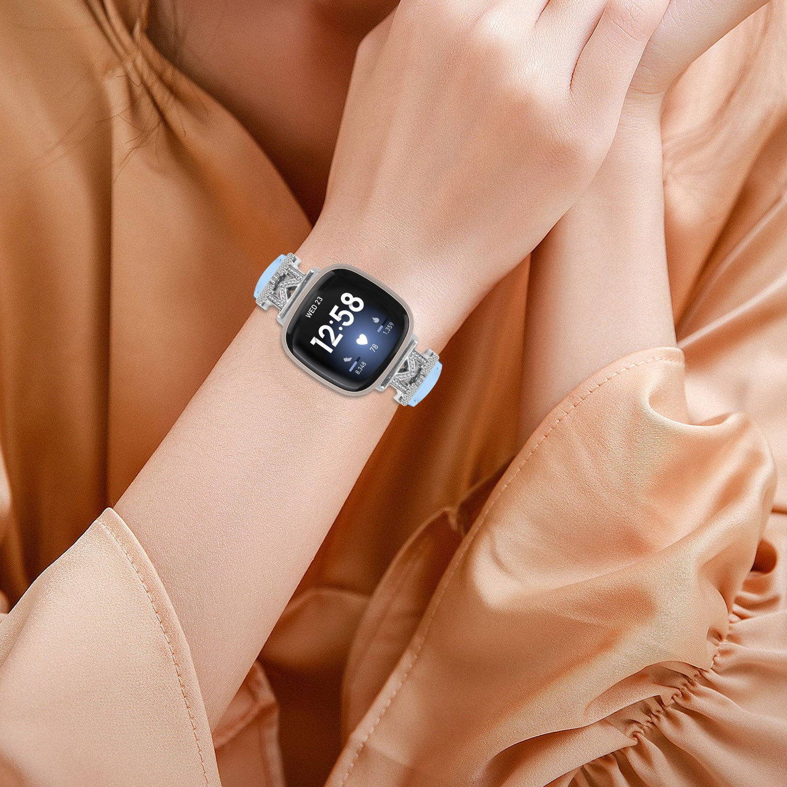 For Fitbit Versa 3 Versa 4 Sense Sense 2 M Shape Rhinestone Decor Genuine Cowhide Leather Watch Strap with Silver Buckle