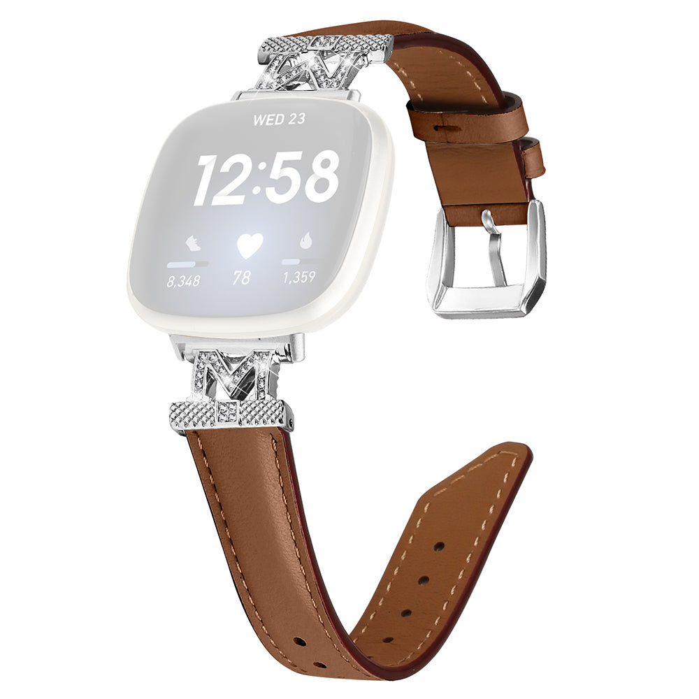 For Fitbit Versa 3 Versa 4 Sense Sense 2 M Shape Rhinestone Decor Genuine Cowhide Leather Watch Strap with Silver Buckle