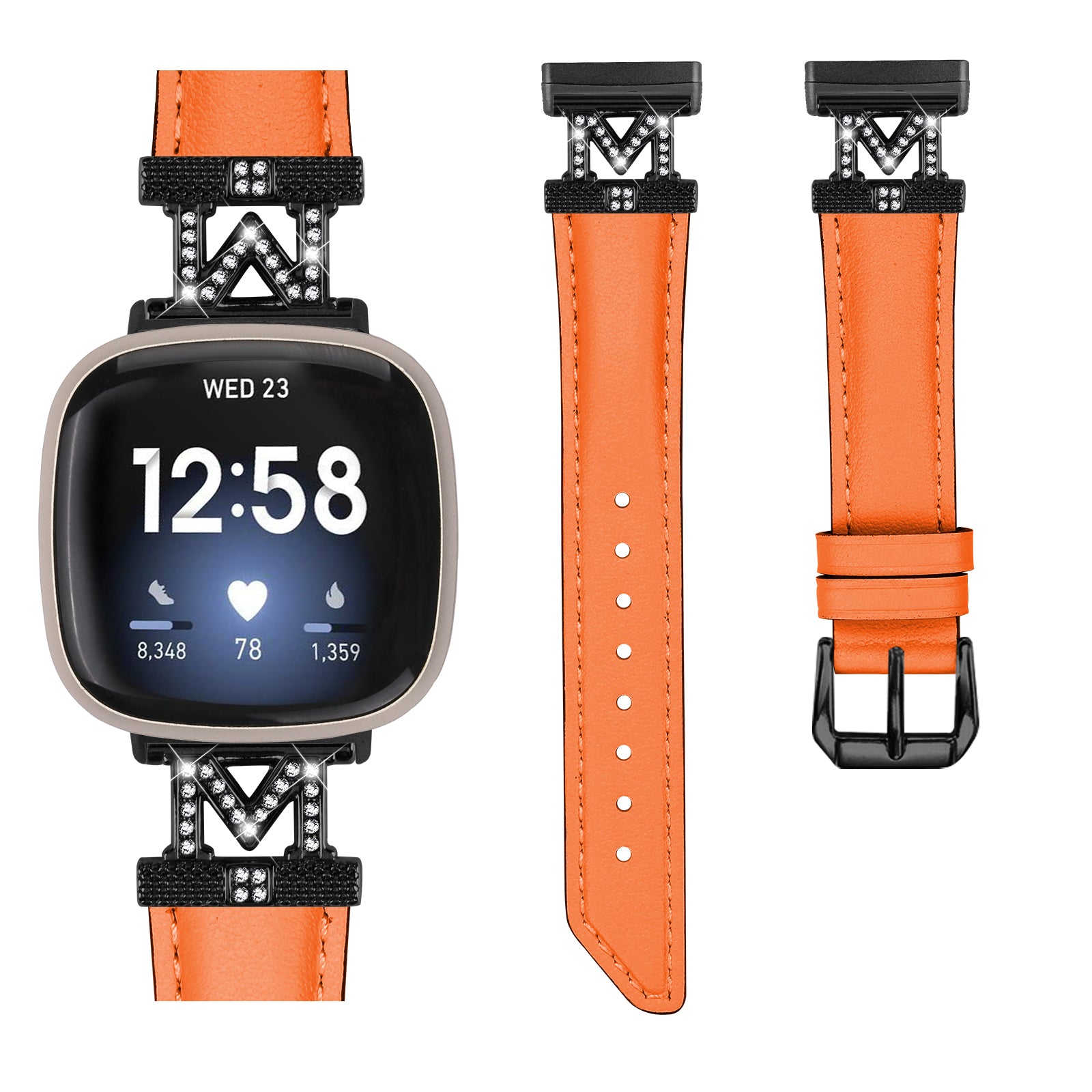 Watch Strap for Fitbit Versa 3 Versa 4 Sense Sense 2 M Shape Rhinestone Decor Genuine Cowhide Leather Band with Black Buckle