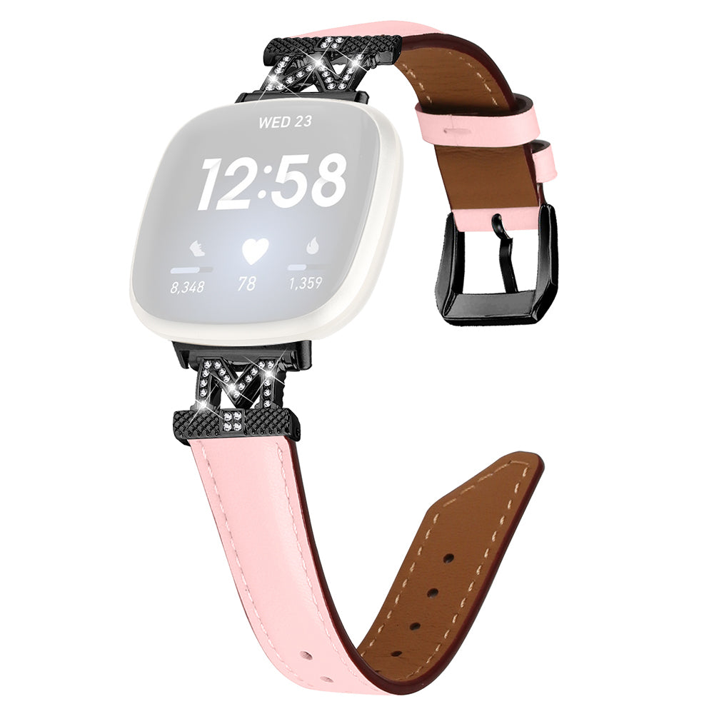 Watch Strap for Fitbit Versa 3 Versa 4 Sense Sense 2 M Shape Rhinestone Decor Genuine Cowhide Leather Band with Black Buckle