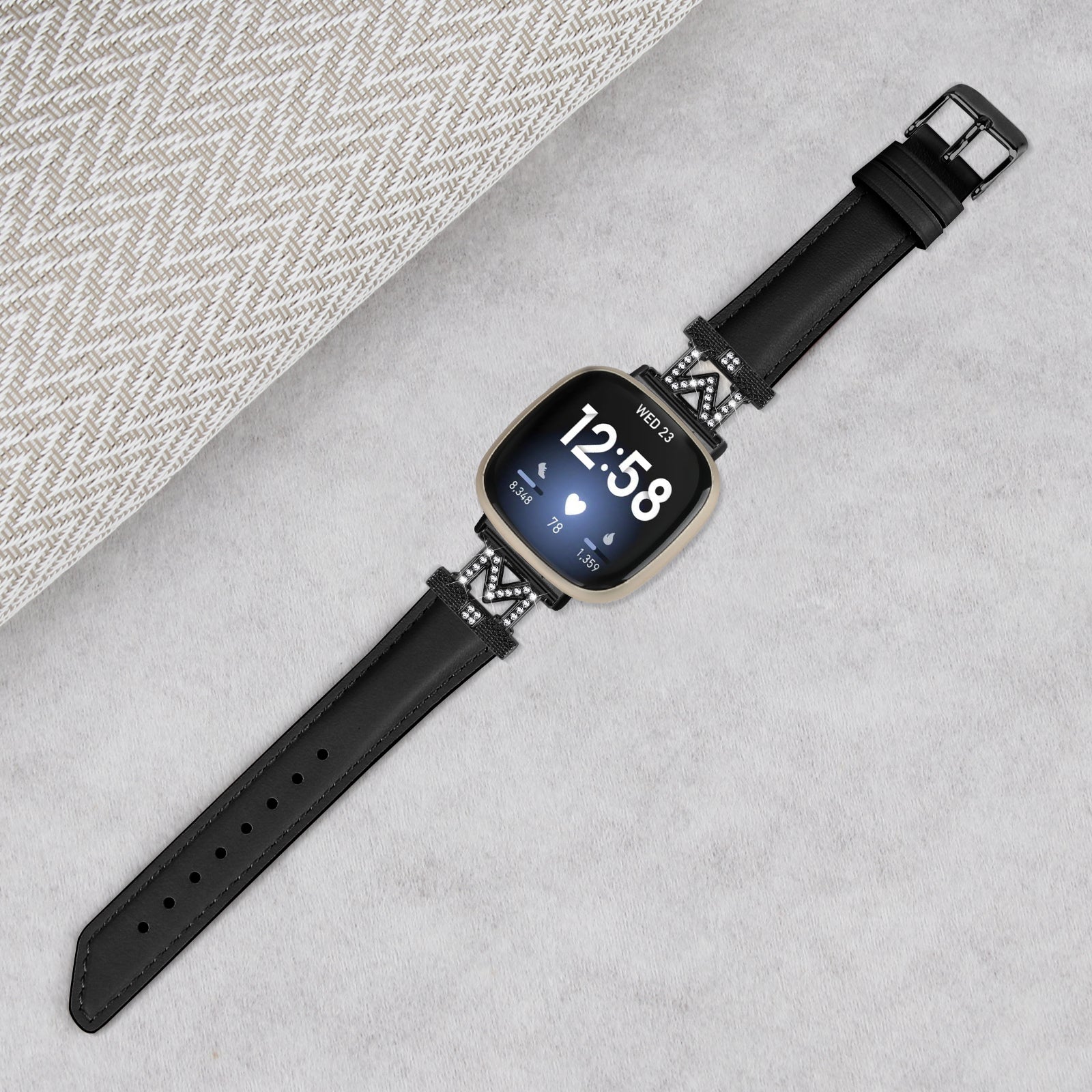 Watch Strap for Fitbit Versa 3 Versa 4 Sense Sense 2 M Shape Rhinestone Decor Genuine Cowhide Leather Band with Black Buckle