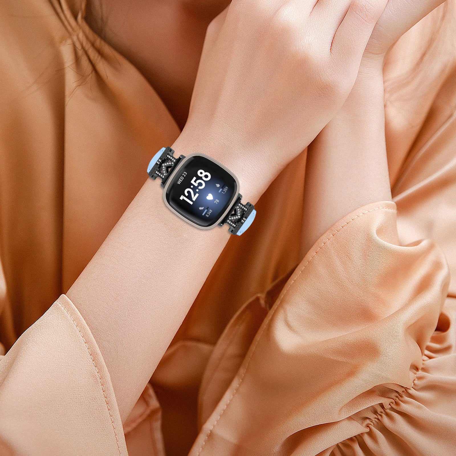 Watch Strap for Fitbit Versa 3 Versa 4 Sense Sense 2 M Shape Rhinestone Decor Genuine Cowhide Leather Band with Black Buckle