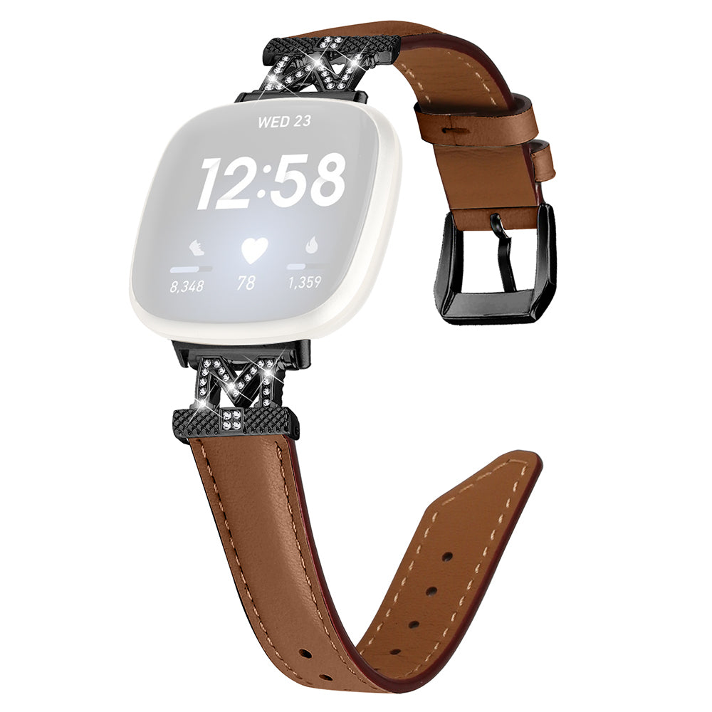 Watch Strap for Fitbit Versa 3 Versa 4 Sense Sense 2 M Shape Rhinestone Decor Genuine Cowhide Leather Band with Black Buckle