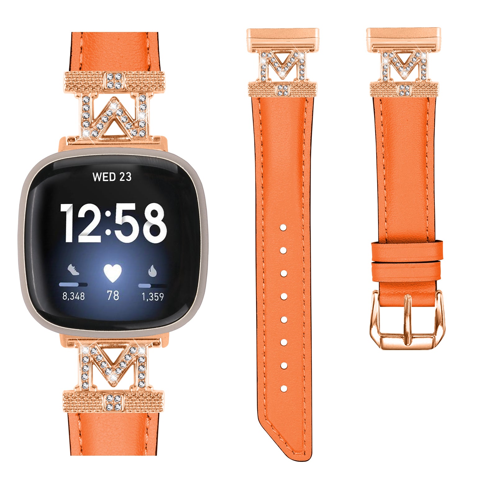 M Shape Rhinestone Watchband for Fitbit Versa 3 Versa 4 Sense Sense 2 Genuine Cowhide Leather Watch Strap with Rose Gold Buckle
