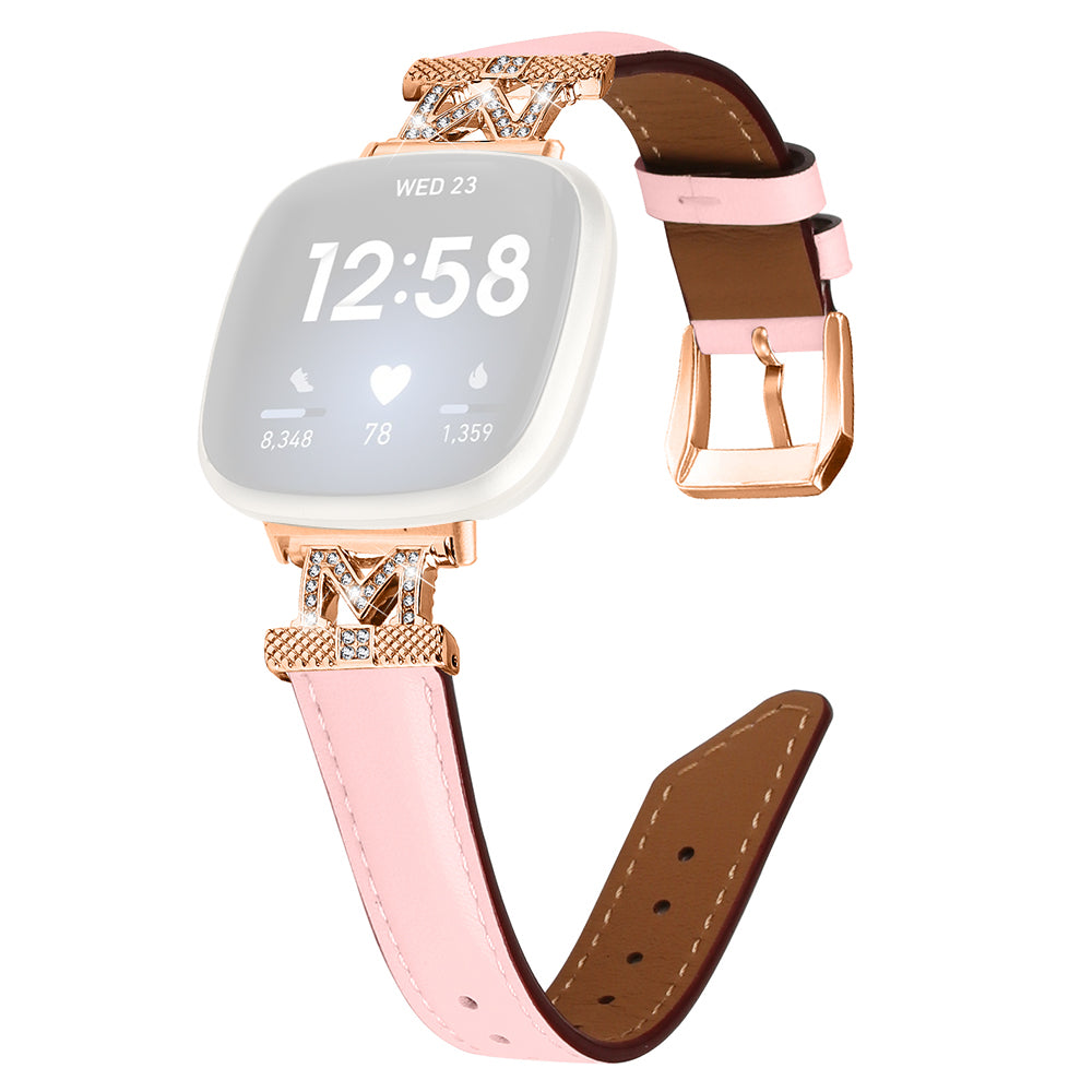 M Shape Rhinestone Watchband for Fitbit Versa 3 Versa 4 Sense Sense 2 Genuine Cowhide Leather Watch Strap with Rose Gold Buckle