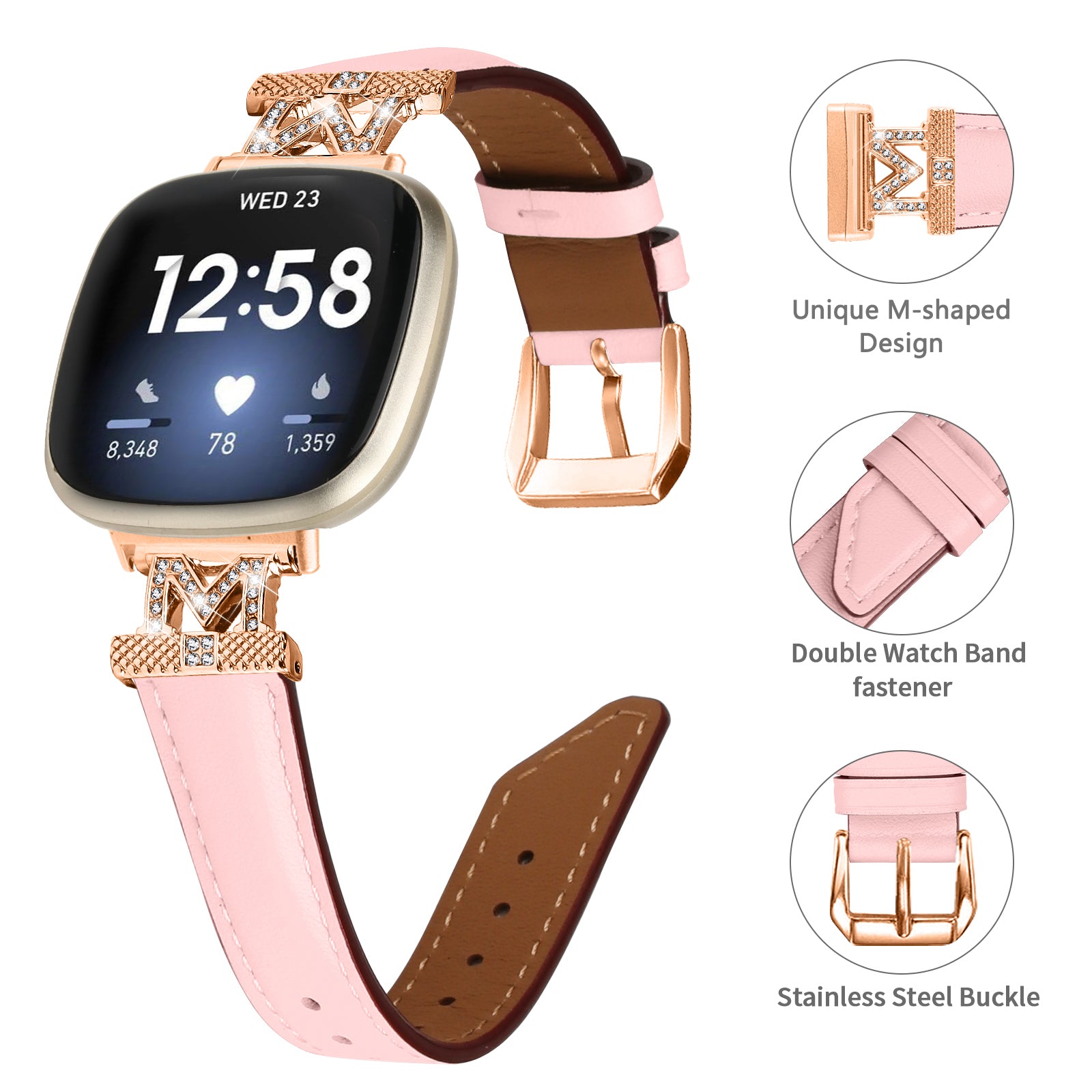 M Shape Rhinestone Watchband for Fitbit Versa 3 Versa 4 Sense Sense 2 Genuine Cowhide Leather Watch Strap with Rose Gold Buckle