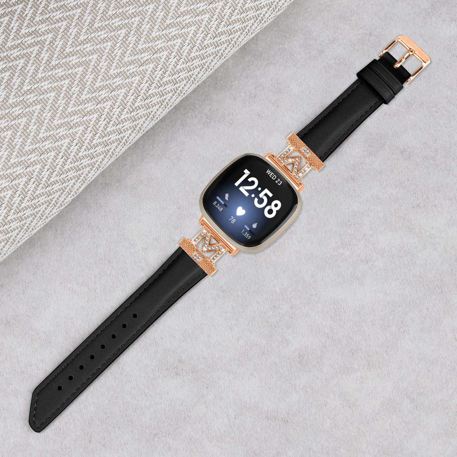 M Shape Rhinestone Watchband for Fitbit Versa 3 Versa 4 Sense Sense 2 Genuine Cowhide Leather Watch Strap with Rose Gold Buckle