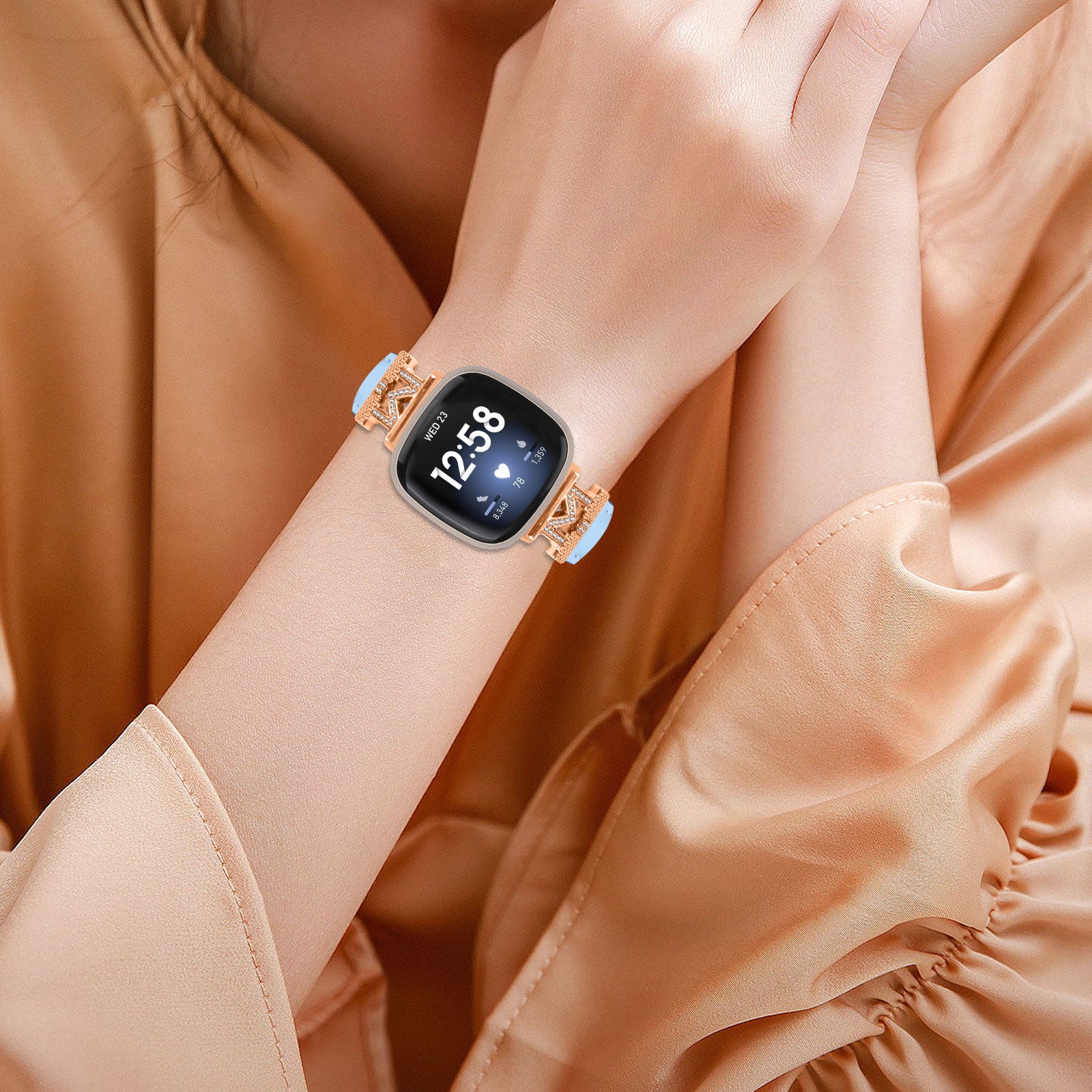 M Shape Rhinestone Watchband for Fitbit Versa 3 Versa 4 Sense Sense 2 Genuine Cowhide Leather Watch Strap with Rose Gold Buckle