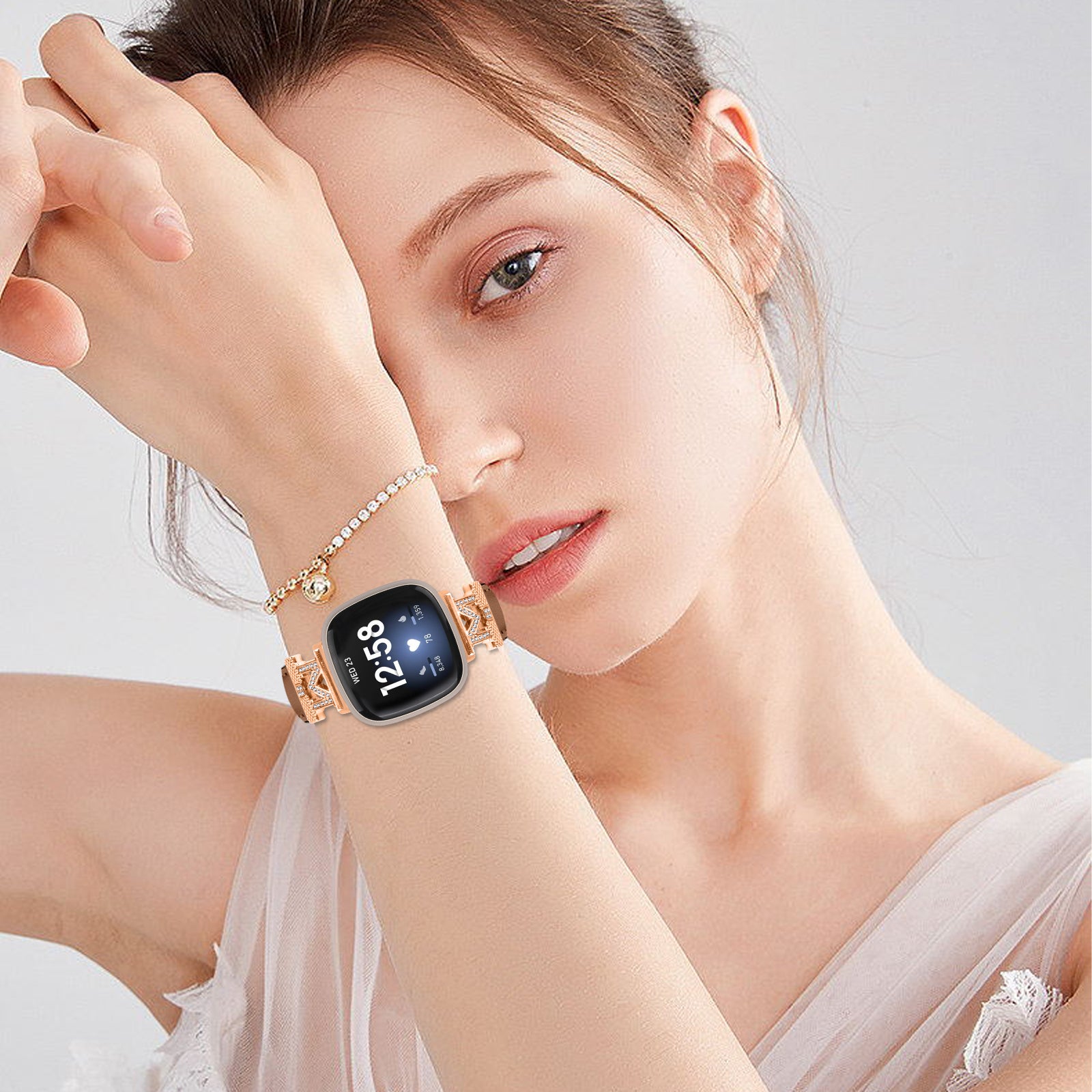 M Shape Rhinestone Watchband for Fitbit Versa 3 Versa 4 Sense Sense 2 Genuine Cowhide Leather Watch Strap with Rose Gold Buckle