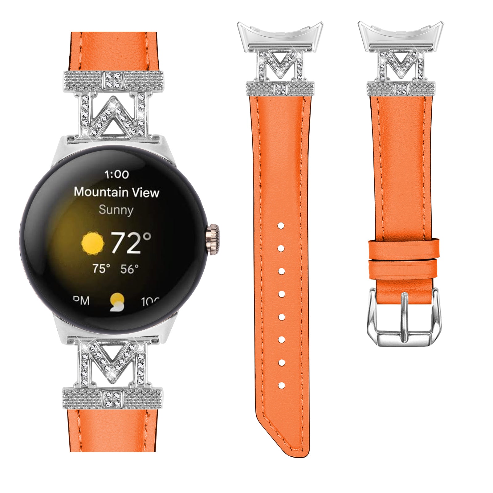 For Google Pixel Watch Pixel Watch 2 Silver Buckle Genuine Cowhide Leather Watch Strap with M Shape Rhinestone Decor