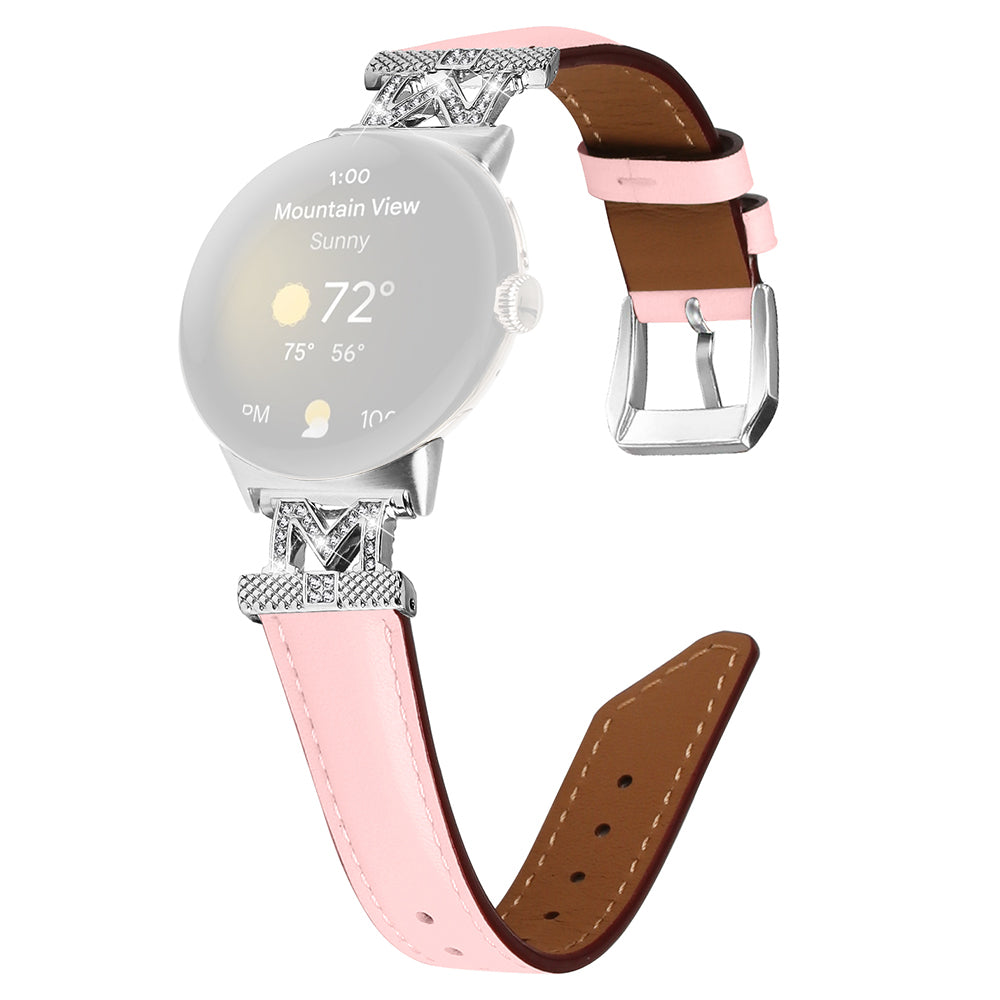 For Google Pixel Watch Pixel Watch 2 Silver Buckle Genuine Cowhide Leather Watch Strap with M Shape Rhinestone Decor