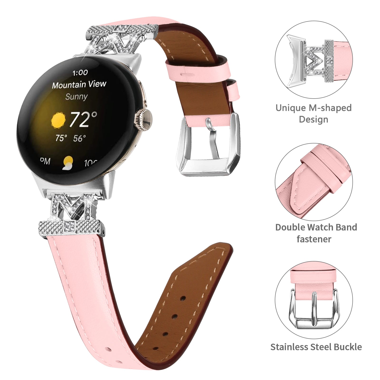 For Google Pixel Watch Pixel Watch 2 Silver Buckle Genuine Cowhide Leather Watch Strap with M Shape Rhinestone Decor