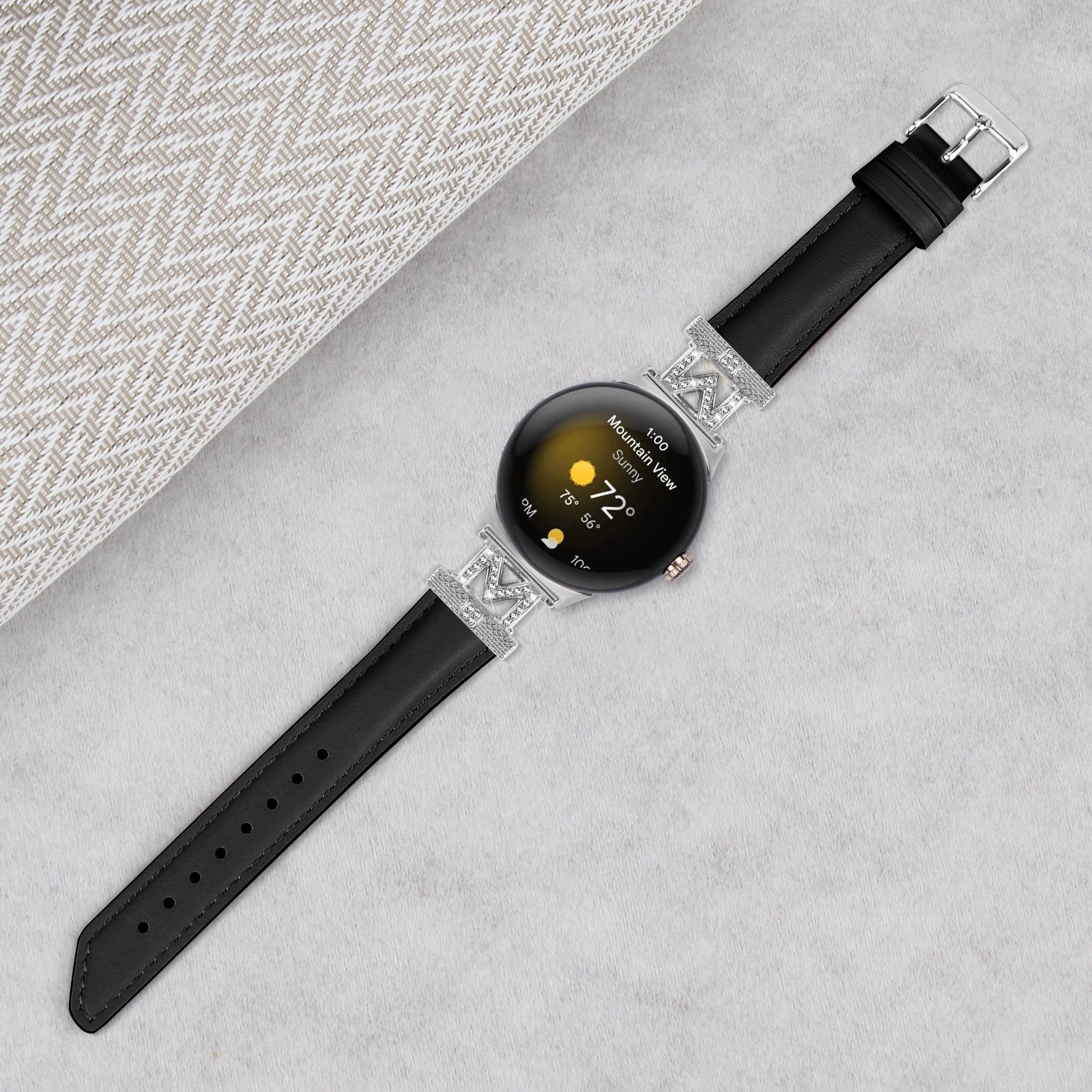 For Google Pixel Watch Pixel Watch 2 Silver Buckle Genuine Cowhide Leather Watch Strap with M Shape Rhinestone Decor