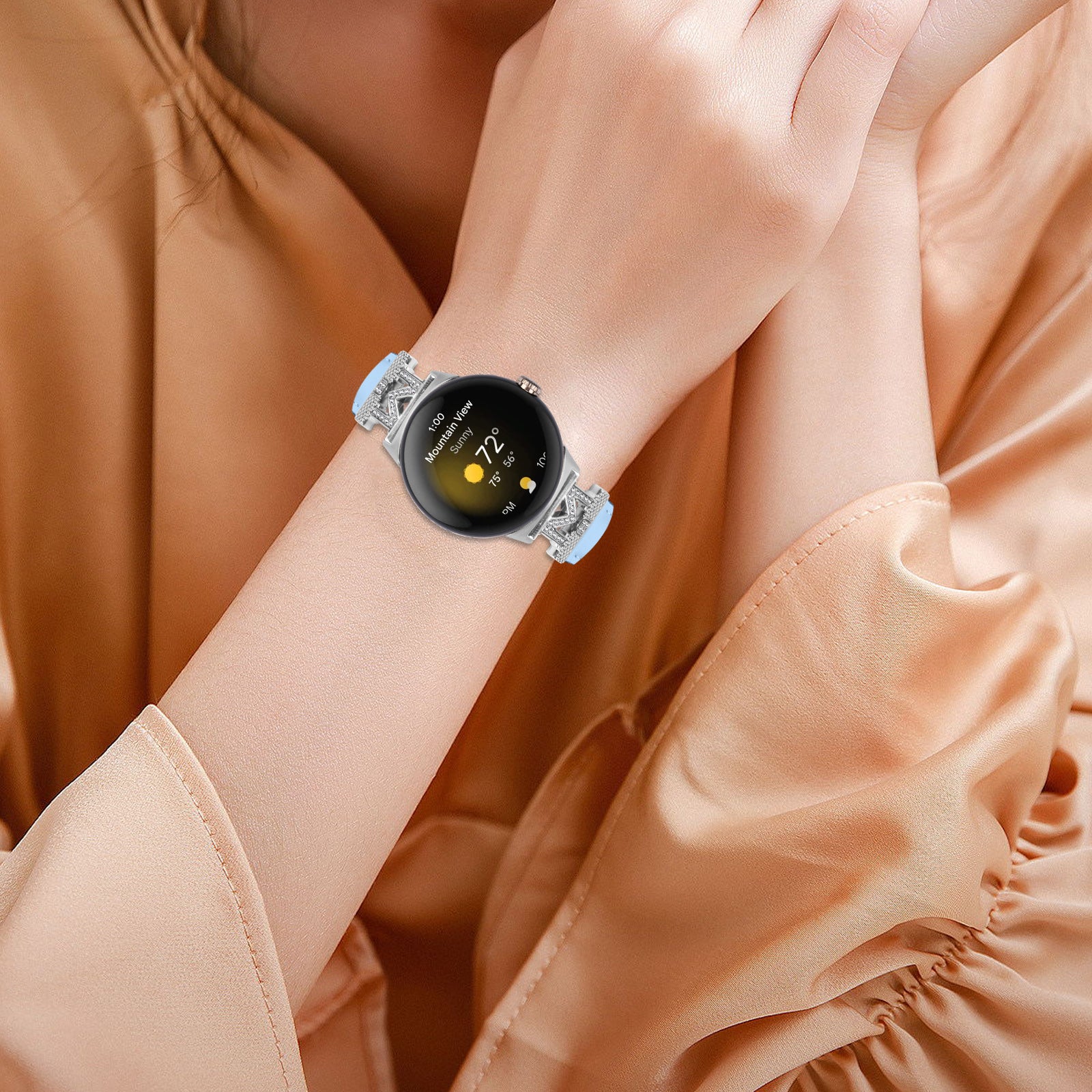 For Google Pixel Watch Pixel Watch 2 Silver Buckle Genuine Cowhide Leather Watch Strap with M Shape Rhinestone Decor