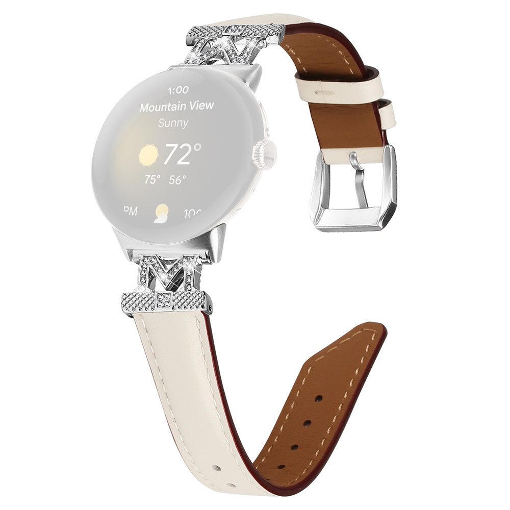 For Google Pixel Watch Pixel Watch 2 Silver Buckle Genuine Cowhide Leather Watch Strap with M Shape Rhinestone Decor