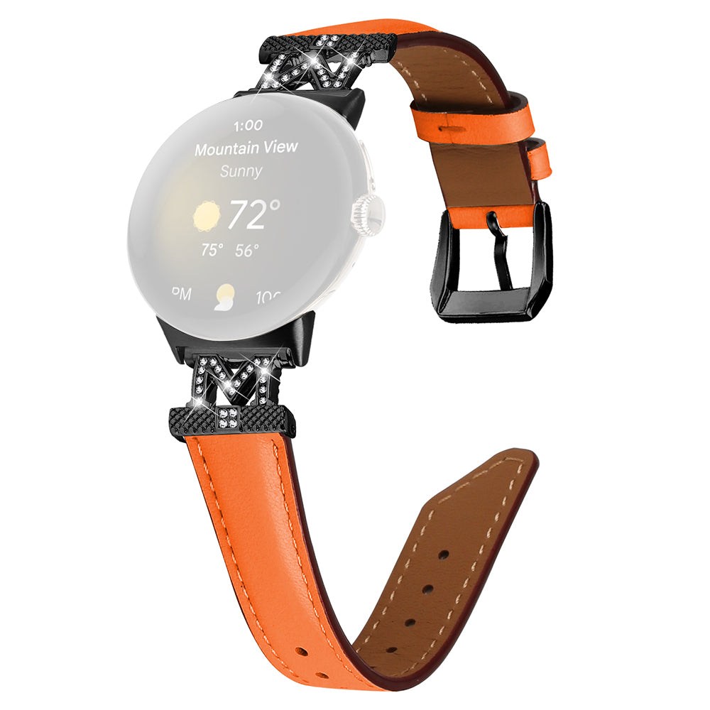 Watch Band for Google Pixel Watch Pixel Watch 2 Black Buckle Genuine Cowhide Leather Strap with M Shape Rhinestone Decor