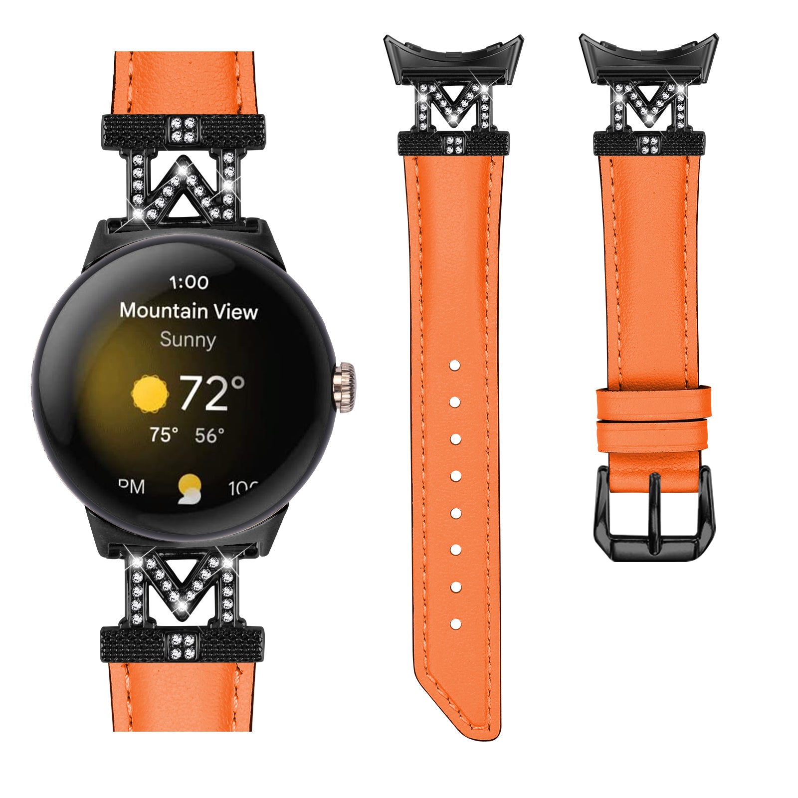 Watch Band for Google Pixel Watch Pixel Watch 2 Black Buckle Genuine Cowhide Leather Strap with M Shape Rhinestone Decor