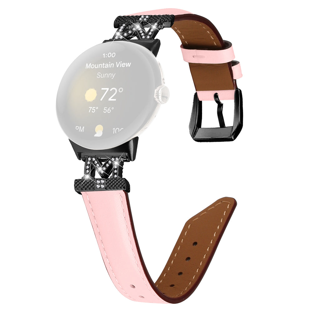 Watch Band for Google Pixel Watch Pixel Watch 2 Black Buckle Genuine Cowhide Leather Strap with M Shape Rhinestone Decor