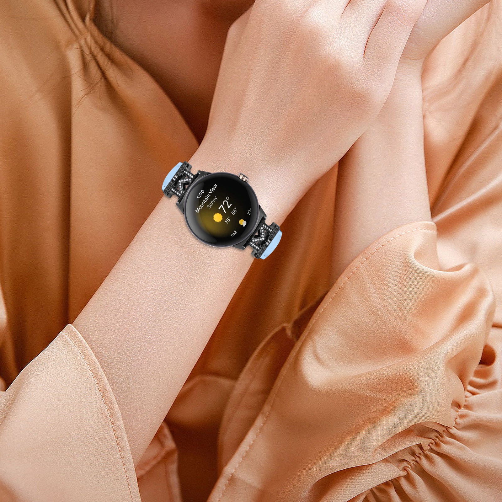 Watch Band for Google Pixel Watch Pixel Watch 2 Black Buckle Genuine Cowhide Leather Strap with M Shape Rhinestone Decor