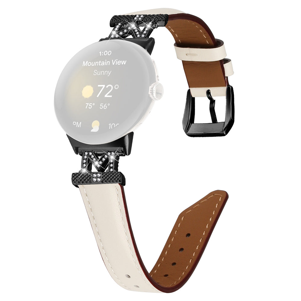 Watch Band for Google Pixel Watch Pixel Watch 2 Black Buckle Genuine Cowhide Leather Strap with M Shape Rhinestone Decor