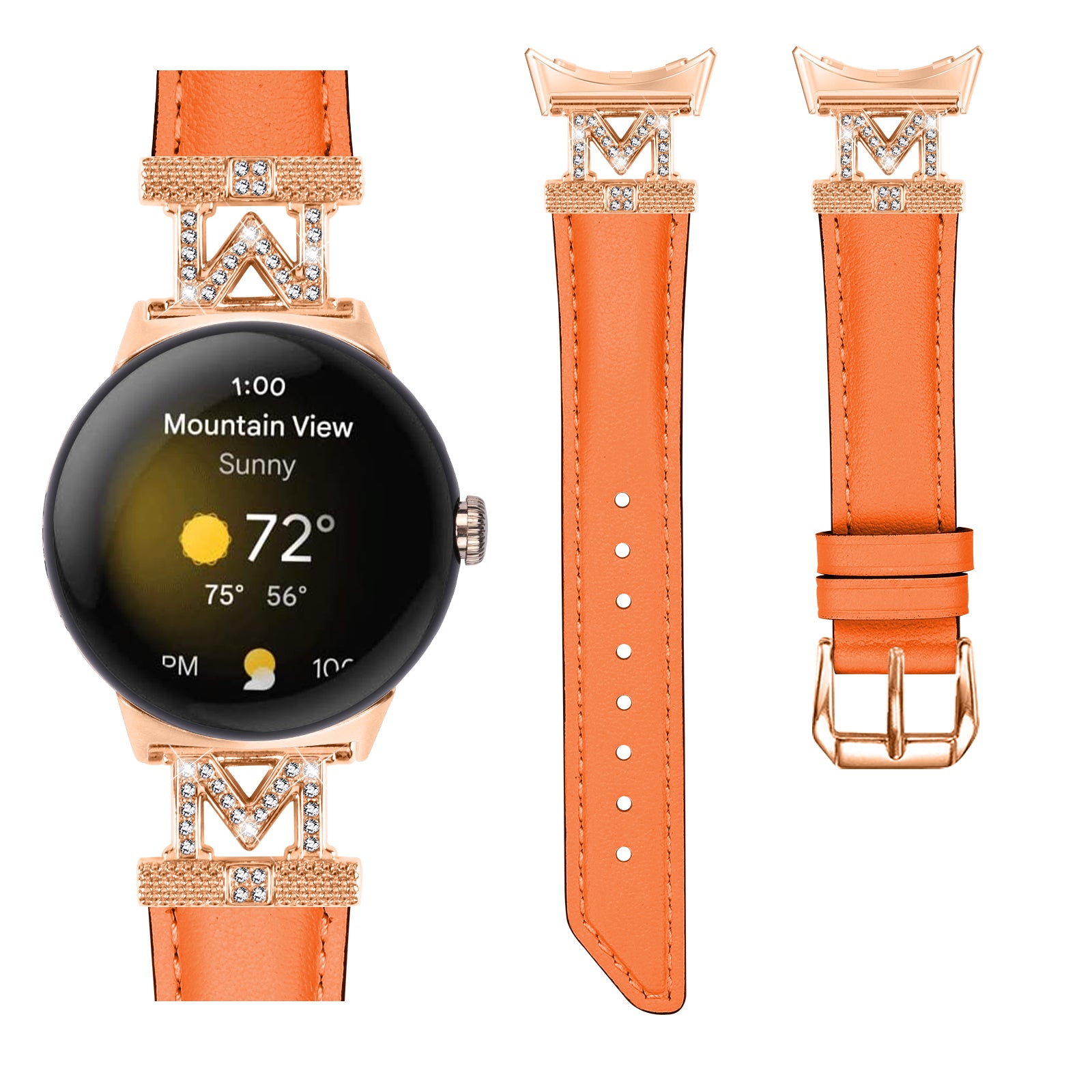 For Google Pixel Watch Pixel Watch 2 Rose Gold Buckle Genuine Cowhide Leather Adjustable Watch Strap with M Shape Rhinestone Decor