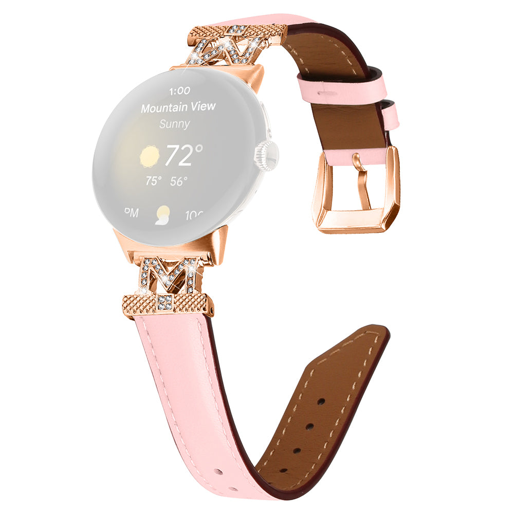For Google Pixel Watch Pixel Watch 2 Rose Gold Buckle Genuine Cowhide Leather Adjustable Watch Strap with M Shape Rhinestone Decor