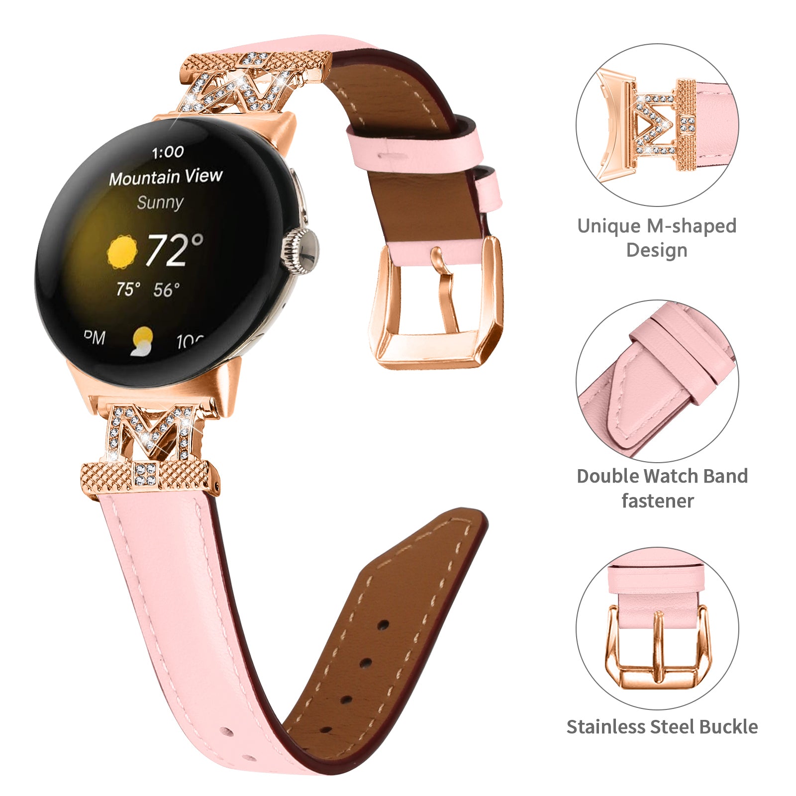 For Google Pixel Watch Pixel Watch 2 Rose Gold Buckle Genuine Cowhide Leather Adjustable Watch Strap with M Shape Rhinestone Decor