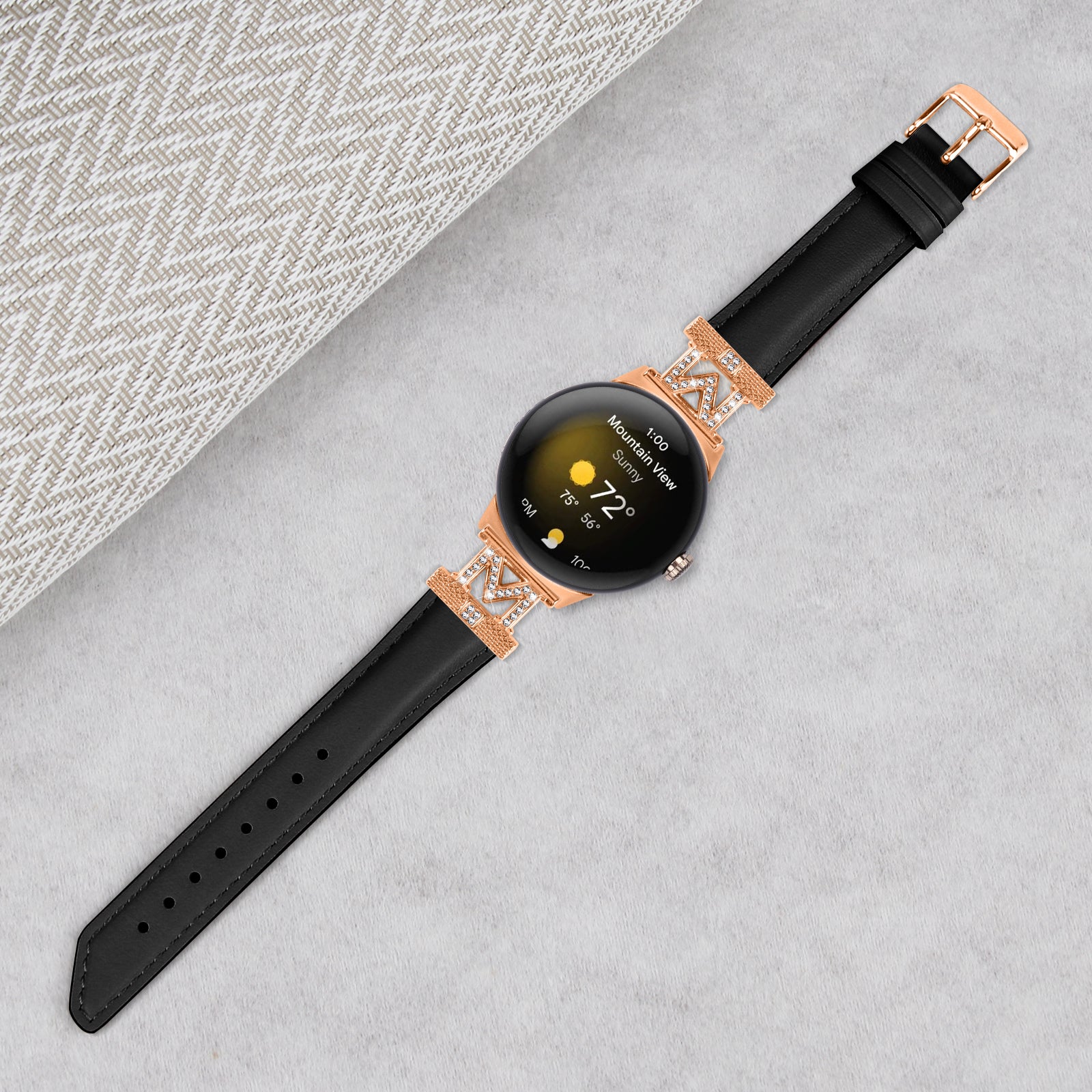 For Google Pixel Watch Pixel Watch 2 Rose Gold Buckle Genuine Cowhide Leather Adjustable Watch Strap with M Shape Rhinestone Decor